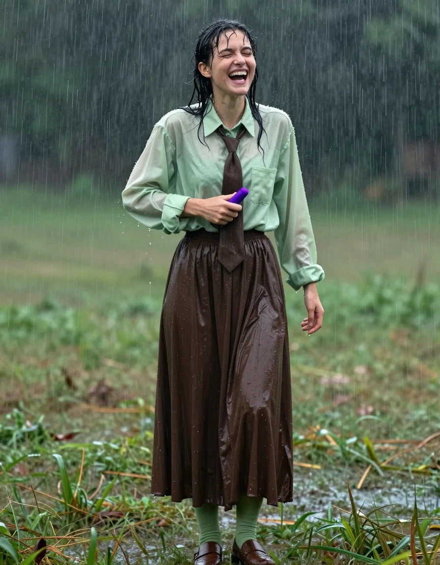 A photorealistic full-body shot of a young adult European woman standing in an empty field during a heavy rainstorm. She is wearing an oversized light green long-sleeved shirt with a brown necktie, a dark brown floor-length skirt that is soaked and clinging to her legs, and light green stockings visible underneath. She wears brown court shoes. Her clothing is heavily saturated with rainwater, clinging to her body with realistic heavy folds and water-drenched textures. Her skin and hair are slick with water, glistening under the overcast sky. She is captured in the midst of an intense, ecstatic orgasm, with a look of overwhelming pleasure on her face, while using a discreet vibrator. The rain is heavy, creating a wet sheen on all surfaces, with the fabric of her skirt appearing significantly darkened and heavy from the downpour. Cinematic lighting highlights the water droplets and the wetness of the scene, shot on 35mm lens, high-speed photography, hyper-detailed textures, realistic skin pores, and water-soaked fabric.