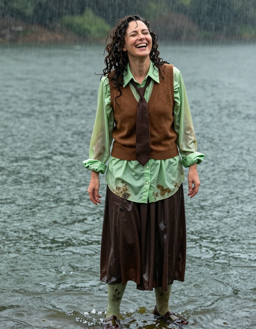 A photorealistic medium-shot of a late-30s brunette woman with voluminous curly hair falling backward into a lake during a heavy rainstorm. She has a blissful, laughing expression in a post-orgasmic state, her skin glistening with water droplets and a wet sheen. She is wearing an oversized light green long-sleeved shirt layered under a brown cashmere vest with a brown necktie, all garments rendered in a heavy, soaking-wet state with dark, saturated fabric, clinging to her form with deep water-soaked folds. Below, she wears a dark brown floor-length skirt and muddy light green stockings, with her muddy brown court shoes partially submerged. The clothing exhibits realistic dampness, with darker patches and heavy, clinging fabric texture. The environment is a turbulent lake with rain splashing against the surface, cinematic lighting capturing the glossy specular reflections on her wet skin and saturated clothing, high-detail water ripples, hyper-realistic skin texture, 8k resolution, captured on 35mm lens, sharp focus on subject, dramatic atmosphere.