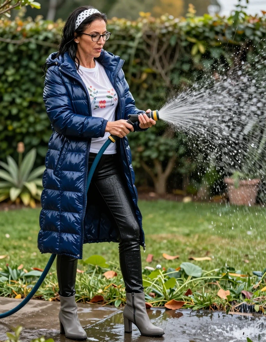 photo of young woman, in soaking wet, drenched clothes,
high-heeled gray boots, shiny black leather jeans, shiny high-neck white floral t-shirt with long sleeves, maxi dark blue shiny down jacket, pouring water with the hose on, in sunny garden, 
enjoying, wet clothes stuck to body,
detailed textures of the wet clothes, wet face, wet plastered hair,
wet, drenched, professional, high-quality details, full body view.
sharp focus, ultra-high pixel detail, realistic, high-quality, full colors, incredibly detailed, 4k, 8k, 16k, hyper-realistic, RAW photo, masterpiece, ultra-detailed, professionally color graded, professional photograph, european brunette skinny woman 50 years old, long dark black hair, white polka-dot headband, office glasses, very big and thick lips, complete body, wet skin, wet clothes, damp fabric, wet skin, wet clothes, damp fabric, wet skin, wet clothes, damp fabric, wet skin, wet clothes, damp fabric, wet skin, wet clothes, damp fabric, wet skin, wet clothes, damp fabric, wet skin, wet clothes, damp fabric