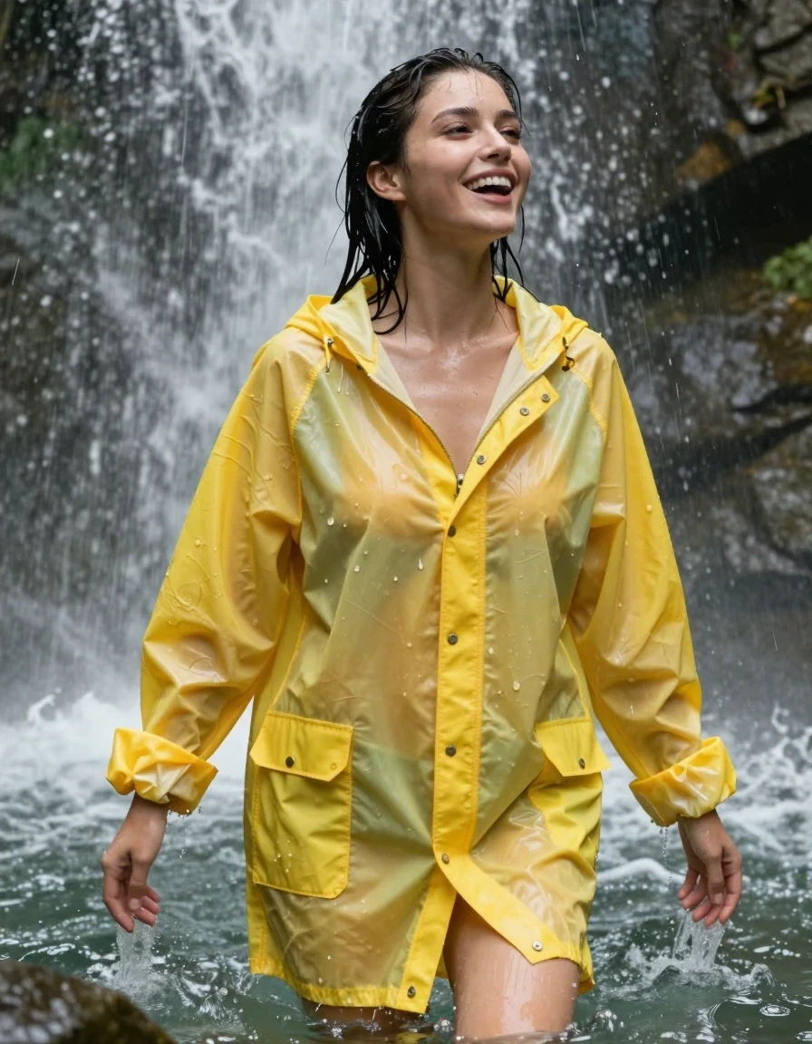 photo of young woman, in soaking wet, drenched clothes,
No socks , No underwear , Bright yellow see  through Oversized ultra light weight latex rainjacket zipped up. , In the over flowing waterfall tub soaking wet  emerging from beneath the water. , 
enjoying, wet clothes stuck to body,
detailed textures of the wet clothes, wet face, wet plastered hair,
wet, drenched, professional, high-quality details, full body view.
sharp focus, ultra-high pixel detail, realistic, high-quality, full colors, incredibly detailed, 4k, 8k, 16k, hyper-realistic, RAW photo, masterpiece, ultra-detailed, professionally color graded, professional photograph, Her black  hair is soaking wet and dripping with water. Her hair slicked back.  Her clothes are soaking wet and cling to her completely nude form. She's very aroused and happy, wet skin, wet clothes, damp fabric, wet skin, wet clothes, damp fabric