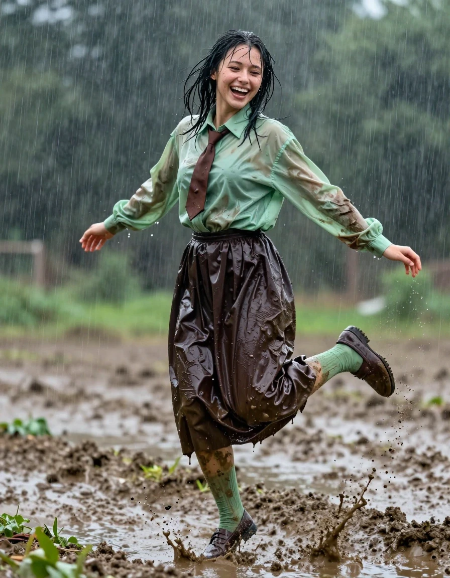 A young adult European woman with wet, rain-slicked hair and glowing skin, joyfully laughing while jumping in muddy village fields during a torrential rainstorm. She is wearing an oversized light green long-sleeved shirt that is heavily soaked and clinging to her body, paired with a dark brown floor-length skirt that is weighed down by rainwater, and a brown necktie. Underneath, she wears muddy light green stockings and muddy brown court shoes. The fabric of her clothing is visibly saturated, showing dark, unevenly soaked patches, heavy wet folds, and high-gloss specular reflections from the downpour. The scene is captured with a shallow depth of field, emphasizing the dynamic motion of her mid-air jump and the spray of mud and water droplets. Cinematic lighting highlights the glistening wet textures, high-contrast rain streaks, and the vibrant, mud-splattered environment, photorealistic, 8k, highly detailed textures.