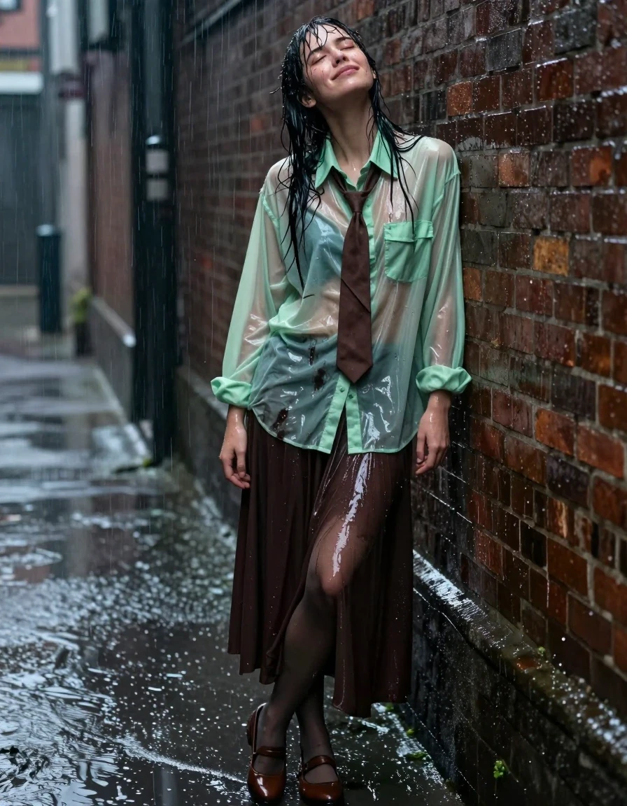 A photorealistic medium shot of a young adult European woman in a rain-drenched alleyway. She wears an oversized light green transparent long-sleeved shirt that is completely soaked and clinging to her skin, worn over a brown necktie. She is dressed in a dark brown floor-length skirt made of heavy, water-saturated fabric that clings to her legs, paired with sheer nylon stockings that are slick with heavy rain. On her feet, she wears brown court shoes. The woman is leaning against a brick wall, eyes closed with a look of intense, ecstatic pleasure, caught in a heavy rainstorm. Her hair is plastered to her face and shoulders, and her skin has a glistening, wet sheen. The clothing shows clear signs of being drenched, with darker, water-heavy patches, deep fabric folds, and a wet, clinging texture. The alley is dimly lit by ambient city light reflecting off the wet pavement and puddles, creating a high-contrast, moody atmosphere. Cinematic lighting, sharp focus on the textures of the soaked fabric and wet skin, 8k resolution, highly detailed photographic quality.