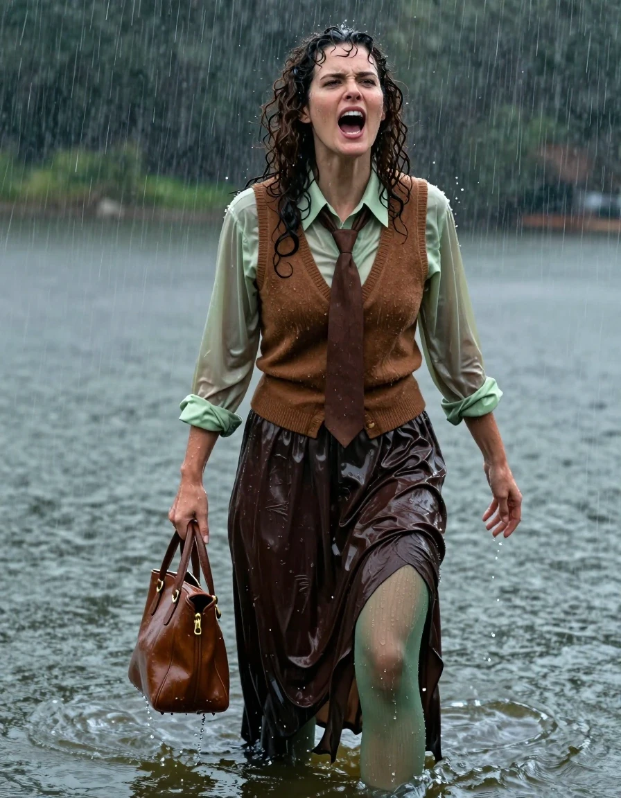 A photorealistic, high-detail shot of a late-30s brunette woman with voluminous curly hair, caught in the middle of a powerful orgasm, her expression intense and flushed, standing waist-deep in a murky lake during a torrential rainstorm. She is wearing an oversized light green long-sleeved shirt layered under a brown cashmere vest and a crisp brown necktie, all garments rendered as completely soaked, heavy with water, clinging to her skin, and darkened by saturation. Over her legs, a dark brown floor-length skirt is saturated and heavy, clinging to her form with deep, wet folds, paired with light green stockings that are sheer and slick with rainwater. She holds a brown handbag that is dripping wet. Her skin and curly hair are drenched, glistening with heavy water sheen and droplets. The rainstorm creates a chaotic, moody atmosphere with heavy downpours and ripples on the water surface. Cinematic lighting highlights the texture of the soaked fabrics and the wetness of her skin, shot with a shallow depth of field, 8k resolution, hyper-realistic textures, dramatic water reflections, and vivid wet-look details.