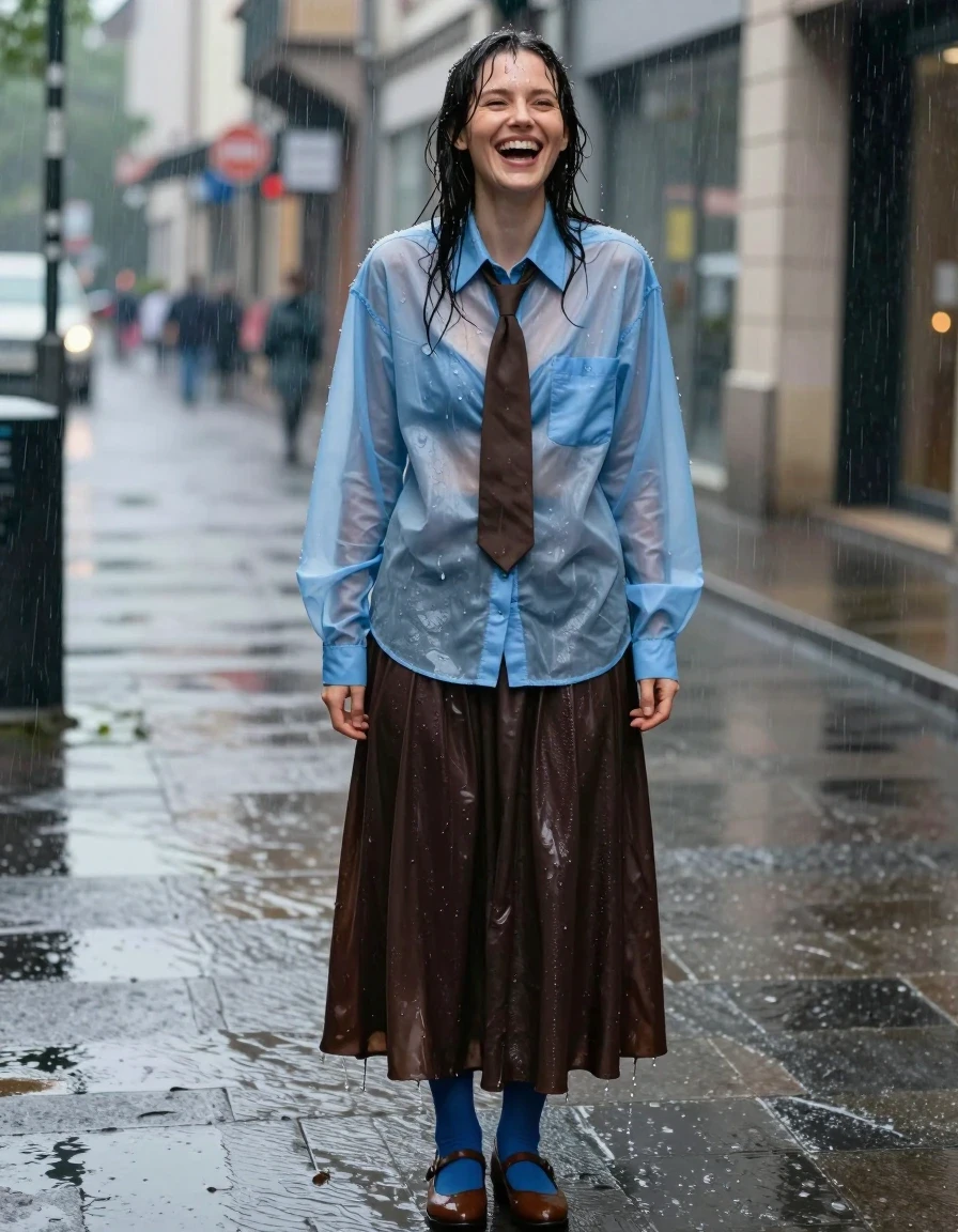 A photorealistic full-body shot of a young adult European woman standing on a city street, caught in a heavy rainstorm. She is wearing an oversized light blue transparent long-sleeved shirt with a brown necktie, a dark brown floor-length skirt, and brown court shoes with blue stockings visible. The clothing is visibly soaked: the transparent light blue shirt clings to her skin, darkened by water, with heavy fabric folds and a wet sheen. The dark brown floor-length skirt is saturated with rainwater, showing deep color shifts, heavy clinging, and wet texture. Her hair and skin are glistening with raindrops and a wet sheen. She has a joyful, happy expression, laughing as she enjoys the rain. The environment is a wet urban street with reflective puddles, soft ambient daylight, cinematic lighting, high-resolution textures, 8k, sharp focus on the wet fabric details and skin highlights.