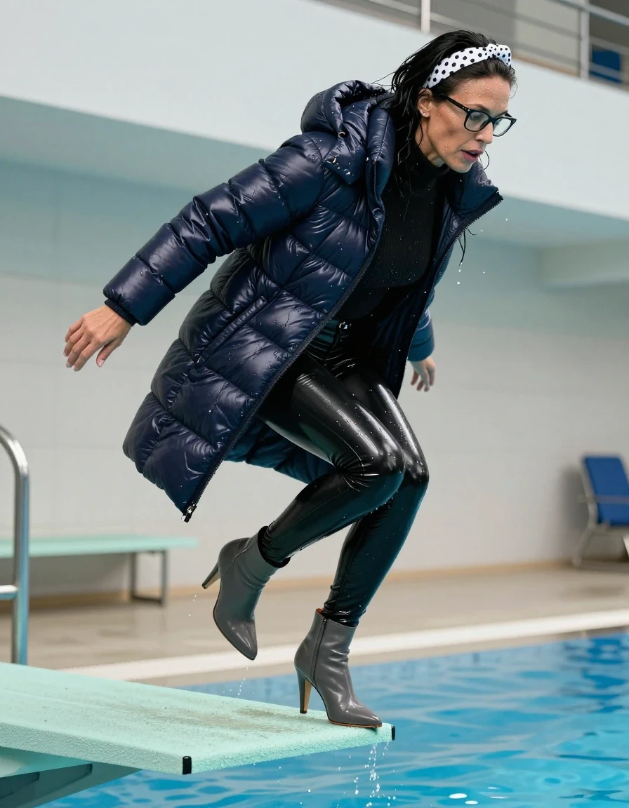 photo of young woman, in soaking wet, drenched clothes,
high-heeled gray boots, shiny dark black latex skinny jeans, shiny high-neck black sweater, maxi dark blue Shiny puffer down jacket , jumping from the diving board into the water of the indoor pool, 
enjoying, wet clothes stuck to body,
detailed textures of the wet clothes, wet face, wet plastered hair,
wet, drenched, professional, high-quality details, full body view.
sharp focus, ultra-high pixel detail, realistic, high-quality, full colors, incredibly detailed, 4k, 8k, 16k, hyper-realistic, RAW photo, masterpiece, ultra-detailed, professionally color graded, professional photograph, european brunette skinny woman 50 years old, long dark black hair, white polka-dot headband, office glasses, very big and thick lips, complete body, wet skin, wet clothes, damp fabric, wet skin, wet clothes, damp fabric, wet skin, wet clothes, damp fabric, wet skin, wet clothes, damp fabric, wet skin, wet clothes, damp fabric, wet skin, wet clothes, damp fabric, wet skin, wet clothes, damp fabric