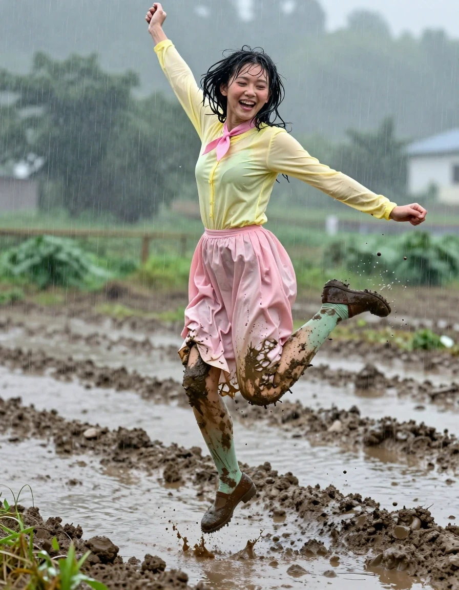 A photorealistic, high-detail wide shot of a young adult European woman jumping joyfully through muddy village fields during a torrential rainstorm. She is wearing a tight, light-yellow long-sleeved shirt with a pink necktie, and a light-pink floor-length skirt that is heavily soaked, clinging to her legs with dark, water-saturated fabric folds. Underneath, she wears light-green stockings that are splattered with thick, dark mud. Her feet are encased in muddy brown court shoes, caked in wet earth. The woman has a vibrant, laughing expression, with rain-drenched hair plastered to her skin and clothes glistening with a heavy water sheen. The environment is a lush, rain-swept rural landscape with puddles and churned-up mud, captured in cinematic, natural lighting with high-contrast wet textures, realistic water droplets, and atmospheric mist, sharp focus on the splashing mud and wet fabric surfaces.