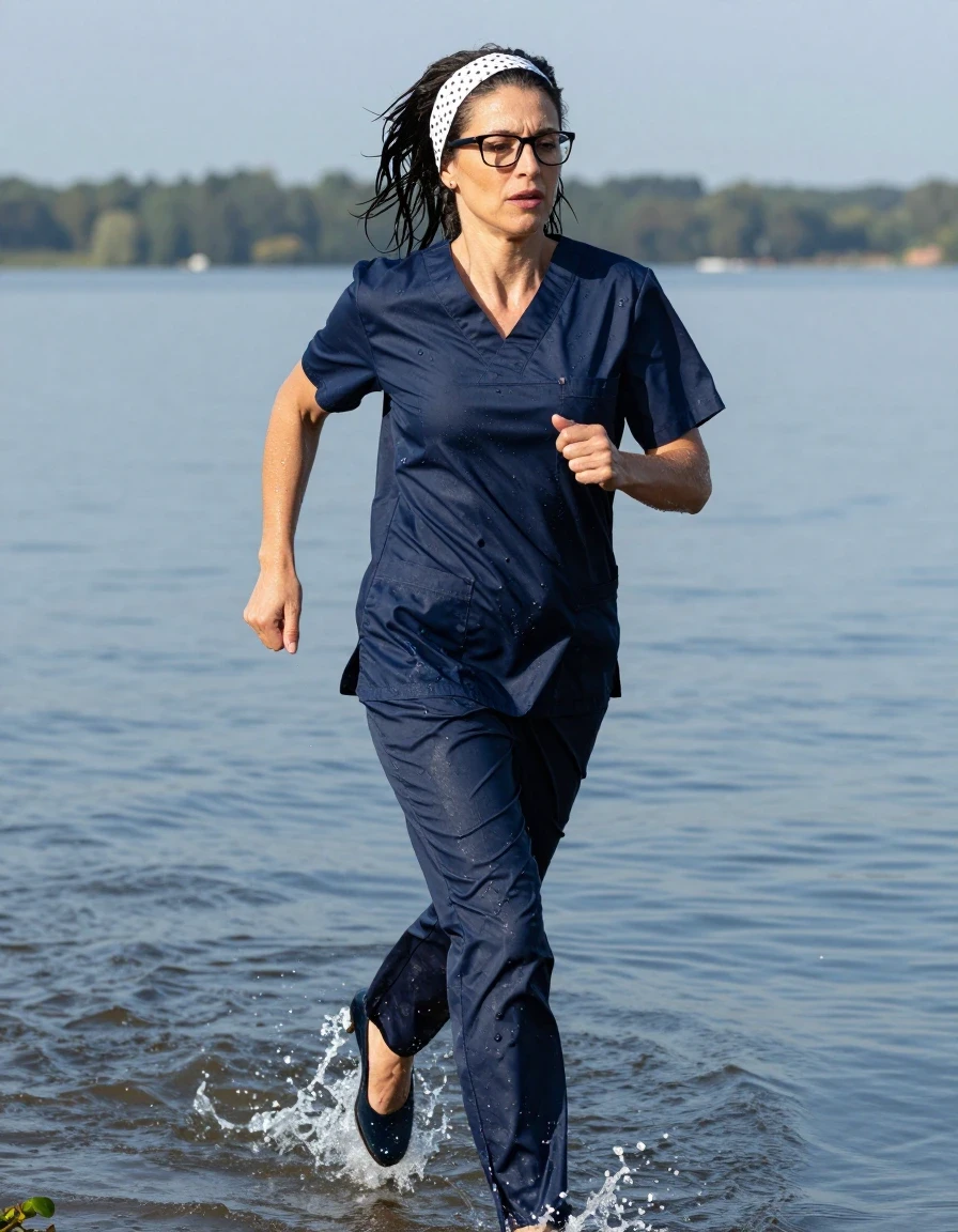 photo of young woman, in soaking wet, drenched clothes,
high-heeled shoes, dark blue shiny scrubs, dark blue shiny scrubs, running in sunny lake, 
enjoying, wet clothes stuck to body,
detailed textures of the wet clothes, wet face, wet plastered hair,
wet, drenched, professional, high-quality details, full body view.
sharp focus, ultra-high pixel detail, realistic, high-quality, full colors, incredibly detailed, 4k, 8k, 16k, hyper-realistic, RAW photo, masterpiece, ultra-detailed, professionally color graded, professional photograph, europen brunette skinny woman 50 years old, long dark black hair, white polka-dot headband, office glasses, very big and thick lips, complete body, wet skin, wet clothes, damp fabric, wet skin, wet clothes, damp fabric, wet skin, wet clothes, damp fabric, wet skin, wet clothes, damp fabric, wet skin, wet clothes, damp fabric, wet skin, wet clothes, damp fabric, wet skin, wet clothes, damp fabric