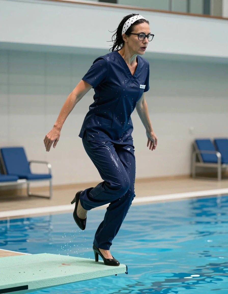 photo of young woman, in soaking wet, drenched clothes,
high-heeled shoes, dark blue shiny scrubs, dark blue shiny scrubs, jumping from the diving board into the water of the indoor pool, 
enjoying, wet clothes stuck to body,
detailed textures of the wet clothes, wet face, wet plastered hair,
wet, drenched, professional, high-quality details, full body view.
sharp focus, ultra-high pixel detail, realistic, high-quality, full colors, incredibly detailed, 4k, 8k, 16k, hyper-realistic, RAW photo, masterpiece, ultra-detailed, professionally color graded, professional photograph, europen brunette skinny woman 50 years old, long dark black hair, white polka-dot headband, office glasses, very big and thick lips, complete body, wet skin, wet clothes, damp fabric, wet skin, wet clothes, damp fabric, wet skin, wet clothes, damp fabric, wet skin, wet clothes, damp fabric, wet skin, wet clothes, damp fabric, wet skin, wet clothes, damp fabric, wet skin, wet clothes, damp fabric