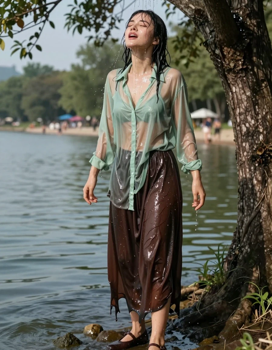 A photorealistic medium shot of a young adult European woman experiencing an intense, blissful orgasm while being drenched with water under a large tree beside a serene lake. She is wearing an oversized, light green transparent long-sleeved shirt that is soaking wet, clinging to her skin and revealing the textures underneath, paired with a dark brown floor-length skirt that is water-saturated, heavy, and clinging to her legs with deep, dark, wet folds. She wears dark brown court shoes and stockings, with her hair and skin glistening with water sheen and cascading droplets. The fabric of her clothing is noticeably darkened by the water, showing heavy wet weight and clinging to her form. In the background, blurred beachgoers are visible along the shoreline. The lighting is natural daylight, highlighting the glossy wet textures on her skin and fabric. The environment is clean, strictly avoiding any mud, focusing entirely on a water-drenched aesthetic with high-contrast wetness and realistic, saturated fabric textures.