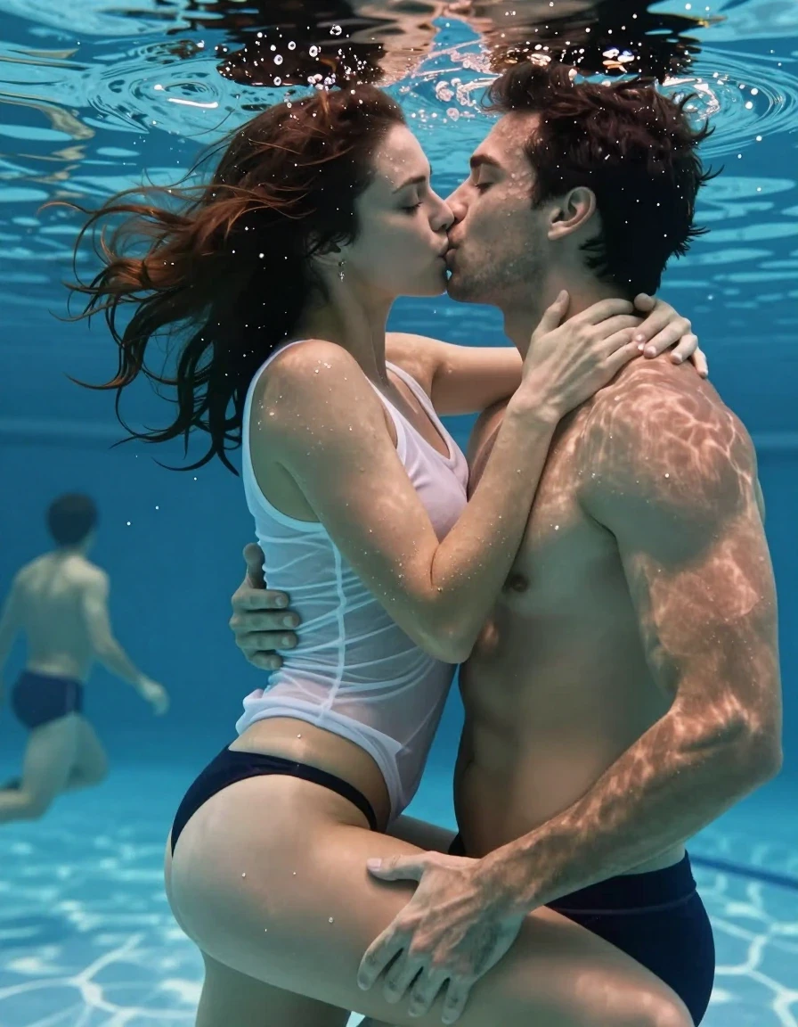 A photorealistic, highly detailed underwater scene in an indoor swimming pool. A young adult European woman with wet, dark brown skin and wet hair plastered to her head and face, wearing a soaking-wet white tanktop that is translucent and clinging to her body, and a black thong. She is kissing a man lasciviously and seductively while underwater, her lips pressed against his swim trunks. They are embracing intimately. Other people are visible swimming in the background, adding to the bustling pool environment. The lighting is cinematic, highlighting the water refraction, the sheen on the woman's wet skin, and the heavy, clinging texture of the wet white tanktop. The atmosphere is erotic and seductive, captured with professional photography, sharp focus on the subjects, vibrant underwater colors, and realistic water physics.