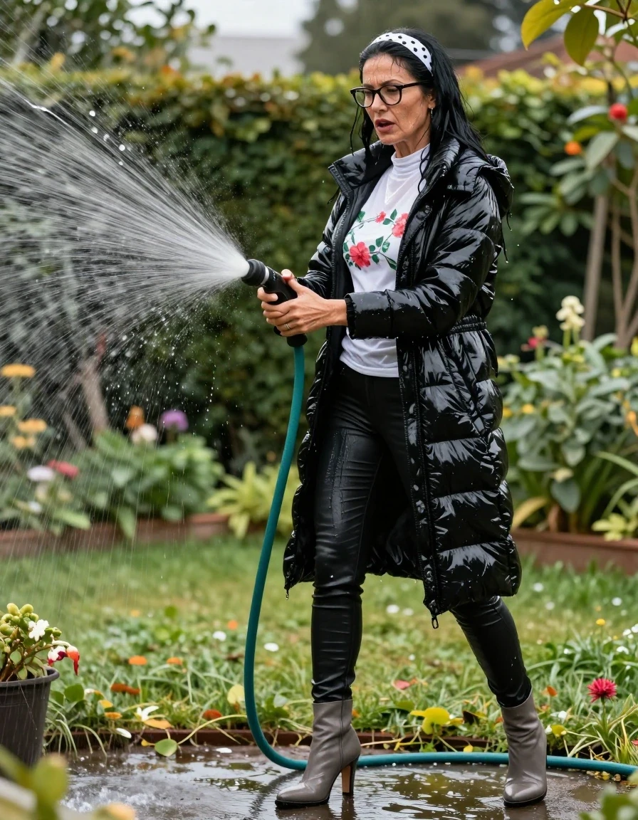 photo of young woman, in soaking wet, drenched clothes,
high-heeled gray boots, shiny black leather jeans, shiny high-neck white floral t-shirt with long sleeves, maxi black shiny down jacket, pouring water with the hose on, in sunny garden, 
enjoying, wet clothes stuck to body,
detailed textures of the wet clothes, wet face, wet plastered hair,
wet, drenched, professional, high-quality details, full body view.
sharp focus, ultra-high pixel detail, realistic, high-quality, full colors, incredibly detailed, 4k, 8k, 16k, hyper-realistic, RAW photo, masterpiece, ultra-detailed, professionally color graded, professional photograph, european brunette skinny woman 50 years old, long dark black hair, white polka-dot headband, office glasses, very big and thick lips, complete body, wet skin, wet clothes, damp fabric, wet skin, wet clothes, damp fabric, wet skin, wet clothes, damp fabric, wet skin, wet clothes, damp fabric, wet skin, wet clothes, damp fabric, wet skin, wet clothes, damp fabric, wet skin, wet clothes, damp fabric