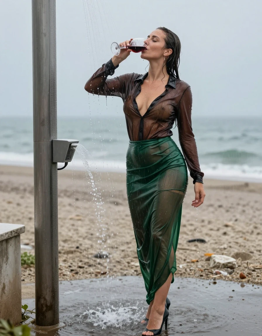 photo of young woman, in soaking wet, drenched clothes,
high-heels, see-through green satin silk slim floor-length skirt, tranparent, dark brown silk blouse, no underwear, stand in the water of a shower at the beach, 
enjoying, wet clothes stuck to body,
detailed textures of the wet clothes, wet face, wet plastered hair,
wet, drenched, professional, high-quality details, full body view.
sharp focus, ultra-high pixel detail, realistic, high-quality, full colors, incredibly detailed, 4k, 8k, 16k, hyper-realistic, RAW photo, masterpiece, ultra-detailed, professionally color graded, professional photograph, heavy rain, completely soaked, drenched, dripping wet, visible breasts, drinking a glass of red wine, wet skin, wet clothes, damp fabric