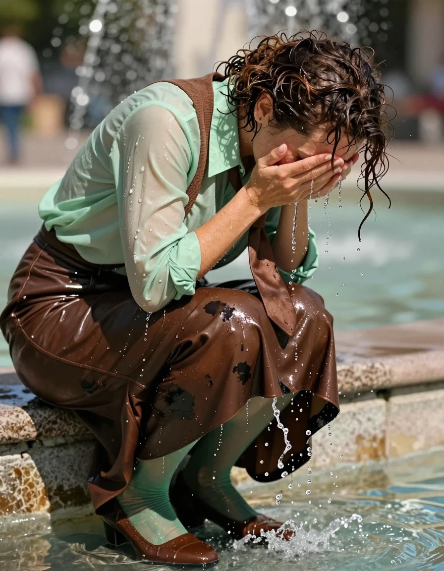 A photorealistic medium shot of a late-30s European woman with curly brunette hair, drenched and washing her face in a public fountain during scorching heat. Her skin is glistening with water, hair matted and clinging to her forehead and neck. She wears an oversized light green long-sleeved shirt that is soaking wet, clinging to her body and translucent in areas, worn over a brown cashmere vest and a crisp brown necktie. Her dark brown leather floor-length skirt is heavy with water, clinging to her legs and showcasing dark, saturated patches and glossy highlights where water cascades off the surface. Beneath the skirt, light green stockings are visible, darkened and sheer from the water. She is wearing brown court shoes, submerged and glistening in the fountain water. The scene is captured in harsh, bright sunlight that emphasizes the wetness, creating sharp specular highlights on her skin, the leather, and the splashing water. High-resolution photography, 8k, realistic textures, wet fabric folds, water droplets, and shimmering light reflections.