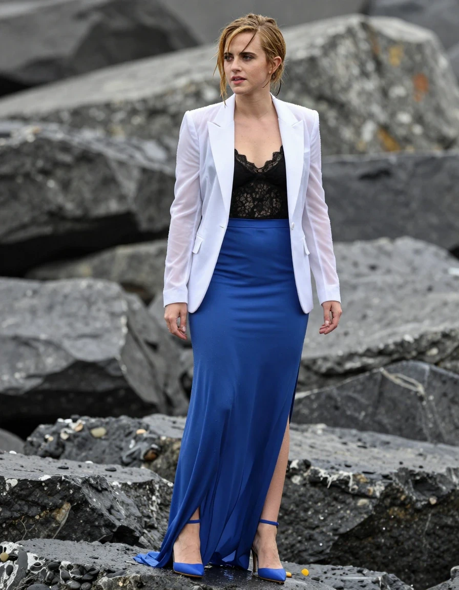 photo of young woman, in soaking wet, drenched clothes,
Blue high heels , blue gown , Black lace camisole, see-through white blazer, Standing on rocks , 
enjoying, wet clothes stuck to body,
detailed textures of the wet clothes, wet face, wet plastered hair,
wet, drenched, professional, high-quality details, full body view.
sharp focus, ultra-high pixel detail, realistic, high-quality, full colors, incredibly detailed, 4k, 8k, 16k, hyper-realistic, RAW photo, masterpiece, ultra-detailed, professionally color graded, professional photograph, Blonde, Emma Watson, wet skin, wet clothes, damp fabric