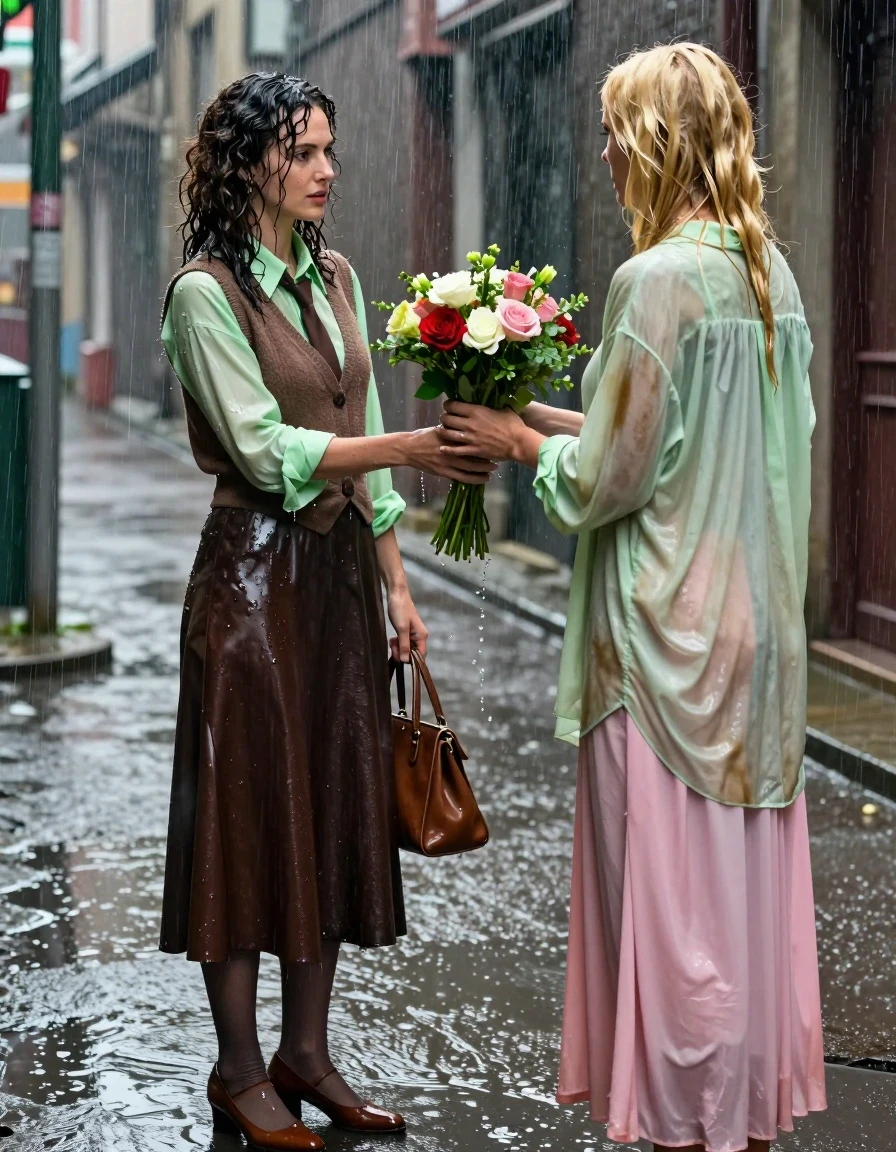 A photorealistic cinematic shot of a late-30s brunette woman with voluminous curly hair and a blonde woman standing in a rain-drenched alleyway during a heavy rainstorm. The brunette woman is wearing a dark brown floor-length leather skirt, sheer stockings, brown court shoes, a brown cashmere vest over an oversized light green long-sleeved shirt, and a brown necktie, while holding a brown handbag. The blonde woman is wearing a pink maxi dress. The brunette woman is receiving a bouquet of flowers from the blonde woman. Both women and their clothing are visibly soaked by the torrential rain, with hair plastered to their skin, dark brown leather skirt exhibiting a high-gloss water sheen and heavy clinging, and the oversized light green shirt darkened and saturated with water, clinging to the body. The alleyway floor is covered in puddles with heavy rain streaks visible in the air. High-contrast lighting captures the glisten of water on skin and fabric textures, sharp focus, 8k resolution, realistic rain effects, wet skin texture, atmospheric depth, detailed fabric folds, and natural wet-look lighting.