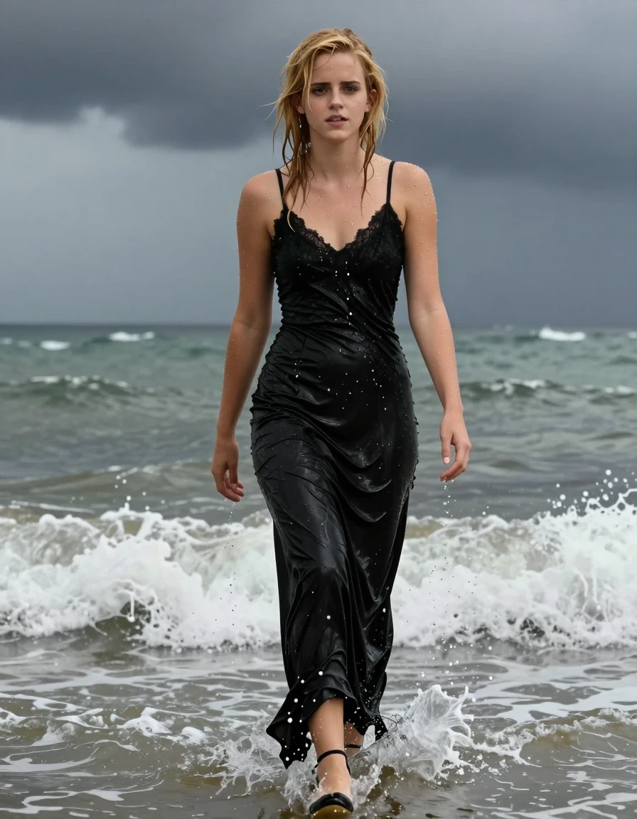 photo of young woman, in soaking wet, drenched clothes,
Black high heels , black gown , Black lace camisole, Wading in surf, thunderstorm , 
enjoying, wet clothes stuck to body,
detailed textures of the wet clothes, wet face, wet plastered hair,
wet, drenched, professional, high-quality details, full body view.
sharp focus, ultra-high pixel detail, realistic, high-quality, full colors, incredibly detailed, 4k, 8k, 16k, hyper-realistic, RAW photo, masterpiece, ultra-detailed, professionally color graded, professional photograph, Blonde, Emma Watson, wet skin, wet clothes, damp fabric, wet skin, wet clothes, damp fabric