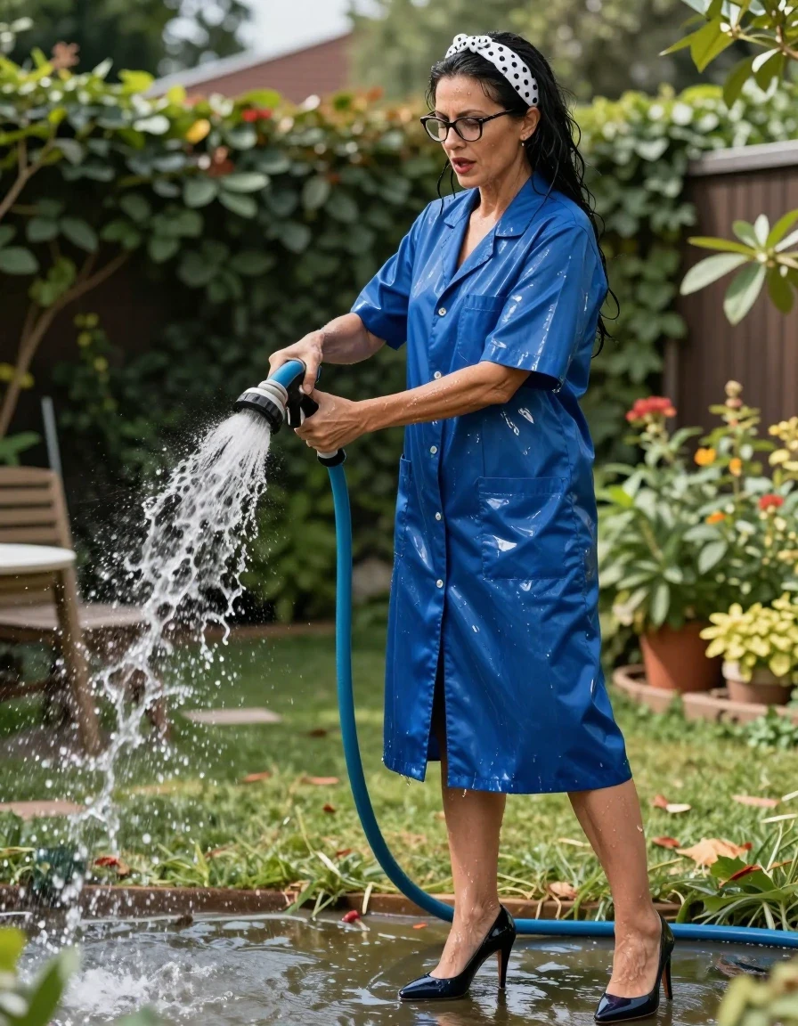 photo of young woman, in soaking wet, drenched clothes,
high-heeled shoes, Maxi shiny blue labcoat with short sleeves , Maxi Shiny blue labcoat with short sleeves , pouring water with the hose on, in sunny garden, 
enjoying, wet clothes stuck to body,
detailed textures of the wet clothes, wet face, wet plastered hair,
wet, drenched, professional, high-quality details, full body view.
sharp focus, ultra-high pixel detail, realistic, high-quality, full colors, incredibly detailed, 4k, 8k, 16k, hyper-realistic, RAW photo, masterpiece, ultra-detailed, professionally color graded, professional photograph, european brunette skinny woman 50 years old, long dark black hair, white polka-dot headband, office glasses, very big and thick lips, complete body, wet skin, wet clothes, damp fabric, wet skin, wet clothes, damp fabric, wet skin, wet clothes, damp fabric, wet skin, wet clothes, damp fabric, wet skin, wet clothes, damp fabric, wet skin, wet clothes, damp fabric, wet skin, wet clothes, damp fabric, wet skin, wet clothes, damp fabric