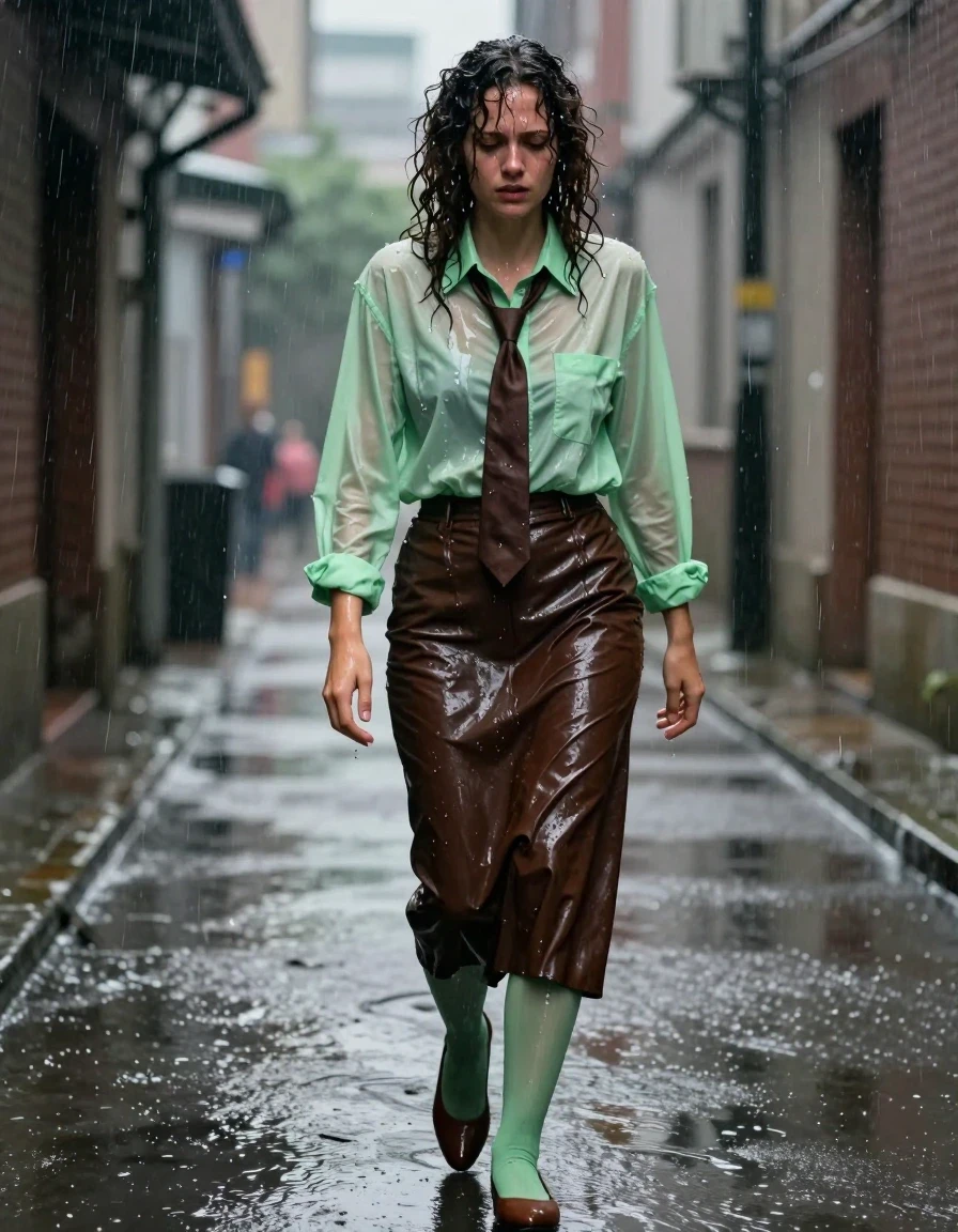 A photorealistic full-body shot of a young adult European brunette woman with curly hair, captured in an empty alleyway during a heavy rainstorm. She is exhausted after a gym workout, her posture slightly unsteady as she barely walks, her expression a mix of visible embarrassment and intense arousal. She is wearing an oversized light green long-sleeved buttoned-down shirt with a brown necktie, paired with a dark brown floor-length leather skirt and light green stockings, finished with brown court shoes. Every garment is heavily saturated by the downpour: the shirt is drenched and clinging to her skin, the light green stockings are translucent and soaked, and the dark brown leather skirt is slick with heavy water sheen and deep, glossy reflections. Her curly hair is plastered to her face and shoulders, dripping with rainwater. Her skin is glistening with wetness, with water droplets running down her flushed face and limbs. The alley is dark, wet, and atmospheric, with rain-slicked ground reflecting the ambient light. High-contrast cinematic lighting, 8k resolution, hyper-detailed textures, realistic water physics, clinging fabric, heavy wet folds.