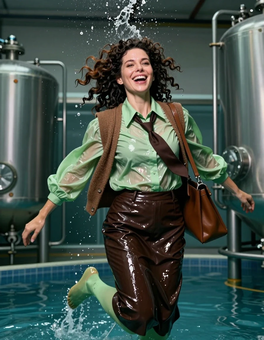 A photorealistic, high-detail shot of a late-30s brunette woman with voluminous curly hair, joyfully swimming submerged inside a large industrial mineral water factory tank. She is wearing an oversized light green long-sleeved shirt and a brown cashmere vest layered over it, paired with a dark brown leather floor-length skirt and light green stockings. A brown necktie is knotted at her collar, and she carries a brown handbag. Her skin and hair are glistening with water, and the fabrics of her clothing are visibly soaked, clinging to her body with heavy wet folds and a distinct water sheen. The light green shirt and stockings appear translucent and darkened by saturation, while the leather skirt displays deep, glossy wet reflections. The environment features stainless steel industrial pipes, glass tank walls, and refracted ambient light through the water. Shot with a cinematic lens, capturing the splashing water, bubbles, and the subject's radiant expression, high-contrast lighting, sharp focus on skin textures and wet fabric weaves.