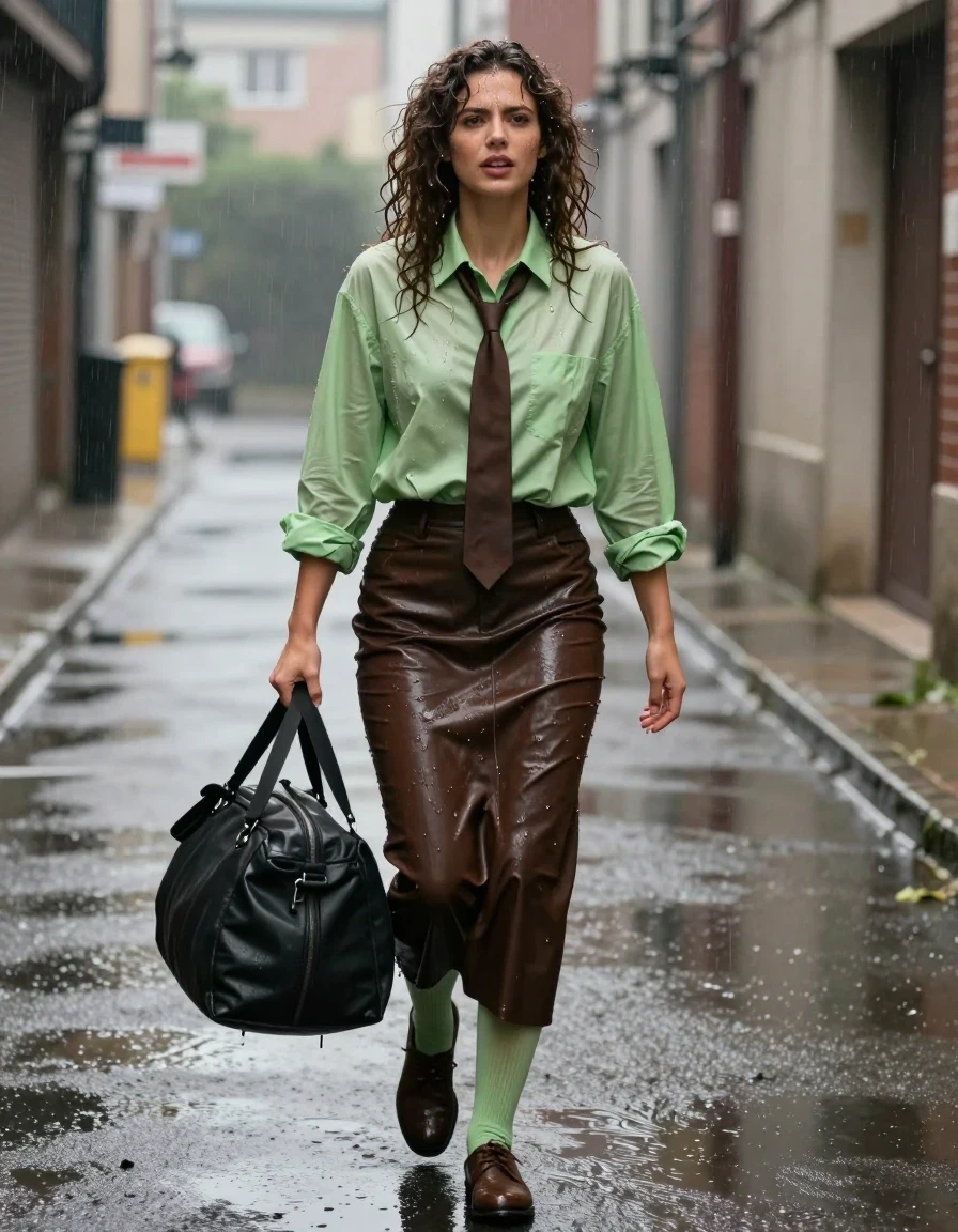 photo of young woman, in soaking wet, drenched clothes,
brown court shoes, dark brown leather floor-length skirt, light green stockings, oversized light green long-sleeved buttoned-down shirt, brown necktie, in an empty alley during rainstorm, 
enjoying, wet clothes stuck to body,
detailed textures of the wet clothes, wet face, wet plastered hair,
wet, drenched, professional, high-quality details, full body view.
sharp focus, ultra-high pixel detail, realistic, high-quality, full colors, incredibly detailed, 4k, 8k, 16k, hyper-realistic, RAW photo, masterpiece, ultra-detailed, professionally color graded, professional photograph, curly haired brunette is stumbling after training at the gym, carrying a training bag, embarrassed and aroused from getting soaked, wet skin, wet clothes, damp fabric