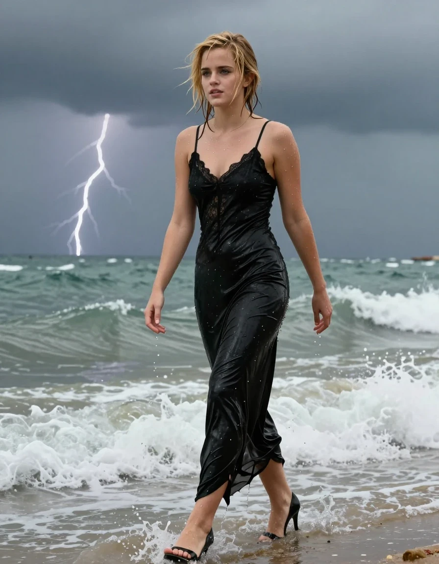 photo of young woman, in soaking wet, drenched clothes,
Black high heels , black gown , Black lace camisole, Wading in surf, thunderstorm , 
enjoying, wet clothes stuck to body,
detailed textures of the wet clothes, wet face, wet plastered hair,
wet, drenched, professional, high-quality details, full body view.
sharp focus, ultra-high pixel detail, realistic, high-quality, full colors, incredibly detailed, 4k, 8k, 16k, hyper-realistic, RAW photo, masterpiece, ultra-detailed, professionally color graded, professional photograph, Blonde, Emma Watson, wet skin, wet clothes, damp fabric