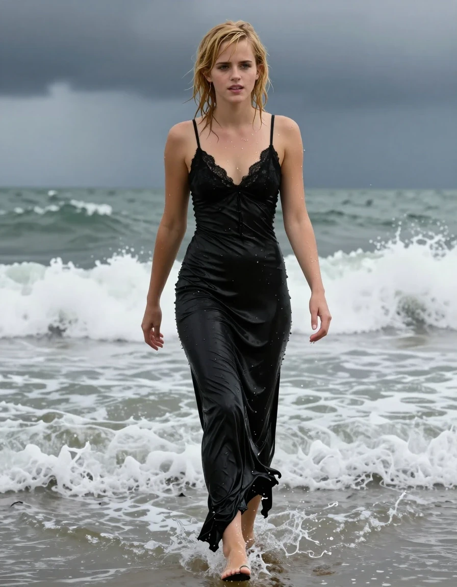 photo of young woman, in soaking wet, drenched clothes,
Black high heels , black gown , Black lace camisole, Wading in surf, thunderstorm , 
enjoying, wet clothes stuck to body,
detailed textures of the wet clothes, wet face, wet plastered hair,
wet, drenched, professional, high-quality details, full body view.
sharp focus, ultra-high pixel detail, realistic, high-quality, full colors, incredibly detailed, 4k, 8k, 16k, hyper-realistic, RAW photo, masterpiece, ultra-detailed, professionally color graded, professional photograph, Blonde, Emma Watson, wet skin, wet clothes, damp fabric