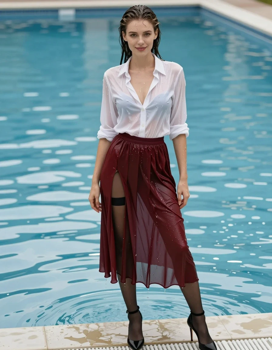 A full-body photorealistic shot of a young adult European woman with wet skin and damp hair, standing gracefully in front of a glistening swimming pool. She is wearing a white blouse that is soaking wet, thin, and clinging to her torso, revealing the texture of her skin underneath with no bra. She wears a dark red long pleated skirt that is heavily saturated with water, clinging tightly to her legs, paired with black stockings and a garter belt. Her feet are adorned with soaking wet strappy black stiletto high heels. The fabric of the blouse and skirt is visibly heavy, darkened by water, showing deep folds and a wet sheen. She is smiling naturally at the camera. The scene is captured with sharp focus, highlighting the wet texture of the clothes and skin, brilliant water reflections, soft natural lighting, high-resolution photographic detail, and realistic material physics.