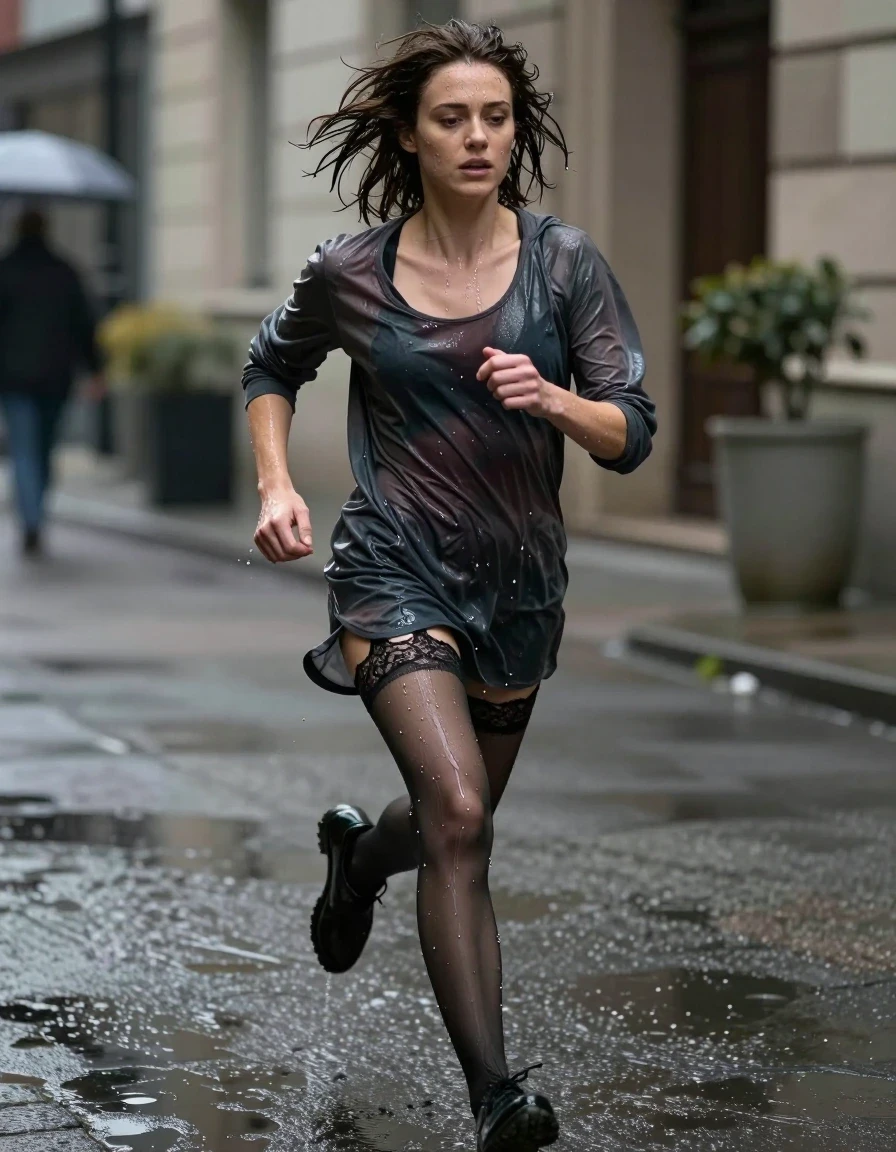 photo of young woman, in soaking wet, drenched clothes,
heels, Tights, Lace , Cyberpunk, 
enjoying, wet clothes stuck to body,
detailed textures of the wet clothes, wet face, wet plastered hair,
wet, drenched, professional, high-quality details, full body view.
sharp focus, ultra-high pixel detail, realistic, high-quality, full colors, incredibly detailed, 4k, 8k, 16k, hyper-realistic, RAW photo, masterpiece, ultra-detailed, professionally color graded, professional photograph, Jules from Grey's anatomy. Running, wet skin, wet clothes, damp fabric