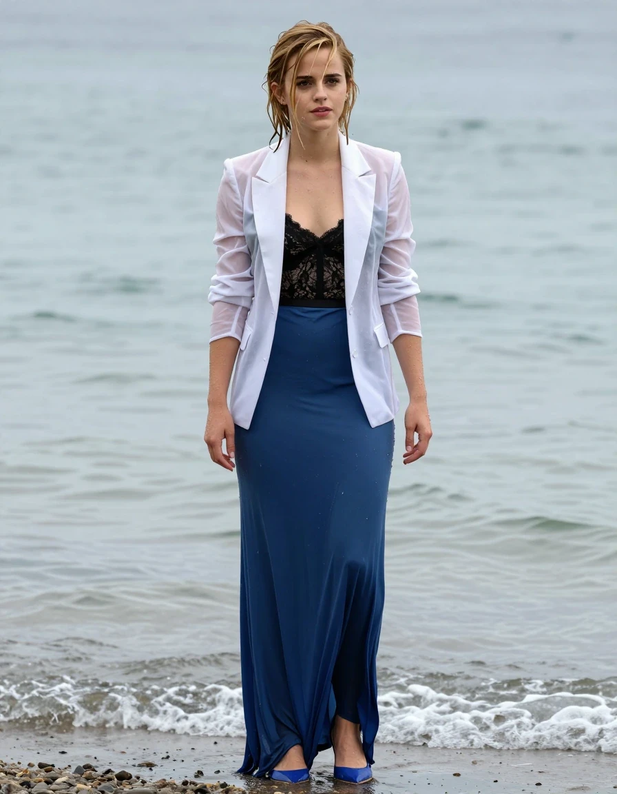 photo of young woman, in soaking wet, drenched clothes,
Blue high heels , blue gown , Black lace camisole, see-through white blazer, Standing by the sea, 
enjoying, wet clothes stuck to body,
detailed textures of the wet clothes, wet face, wet plastered hair,
wet, drenched, professional, high-quality details, full body view.
sharp focus, ultra-high pixel detail, realistic, high-quality, full colors, incredibly detailed, 4k, 8k, 16k, hyper-realistic, RAW photo, masterpiece, ultra-detailed, professionally color graded, professional photograph, Blonde, Emma Watson, wet skin, wet clothes, damp fabric