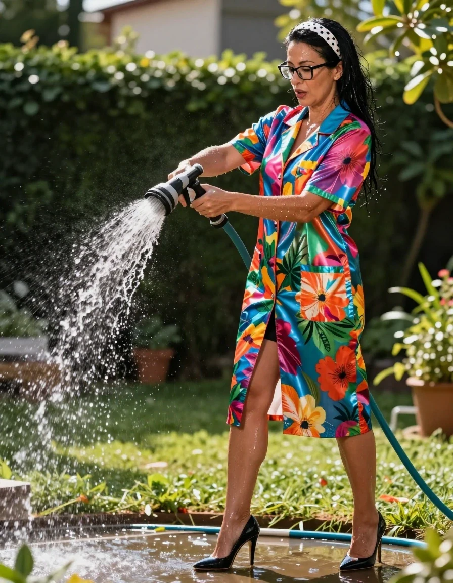 photo of young woman, in soaking wet, drenched clothes,
high-heeled shoes, Maxi shiny multicolored floral labcoat with short sleeves , Maxi Shiny multicolored floral labcoat with short sleeves , pouring water with the hose on, in sunny garden, 
enjoying, wet clothes stuck to body,
detailed textures of the wet clothes, wet face, wet plastered hair,
wet, drenched, professional, high-quality details, full body view.
sharp focus, ultra-high pixel detail, realistic, high-quality, full colors, incredibly detailed, 4k, 8k, 16k, hyper-realistic, RAW photo, masterpiece, ultra-detailed, professionally color graded, professional photograph, european brunette skinny woman 50 years old, long dark black hair, white polka-dot headband, office glasses, very big and thick lips, complete body, wet skin, wet clothes, damp fabric, wet skin, wet clothes, damp fabric, wet skin, wet clothes, damp fabric, wet skin, wet clothes, damp fabric, wet skin, wet clothes, damp fabric, wet skin, wet clothes, damp fabric, wet skin, wet clothes, damp fabric, wet skin, wet clothes, damp fabric