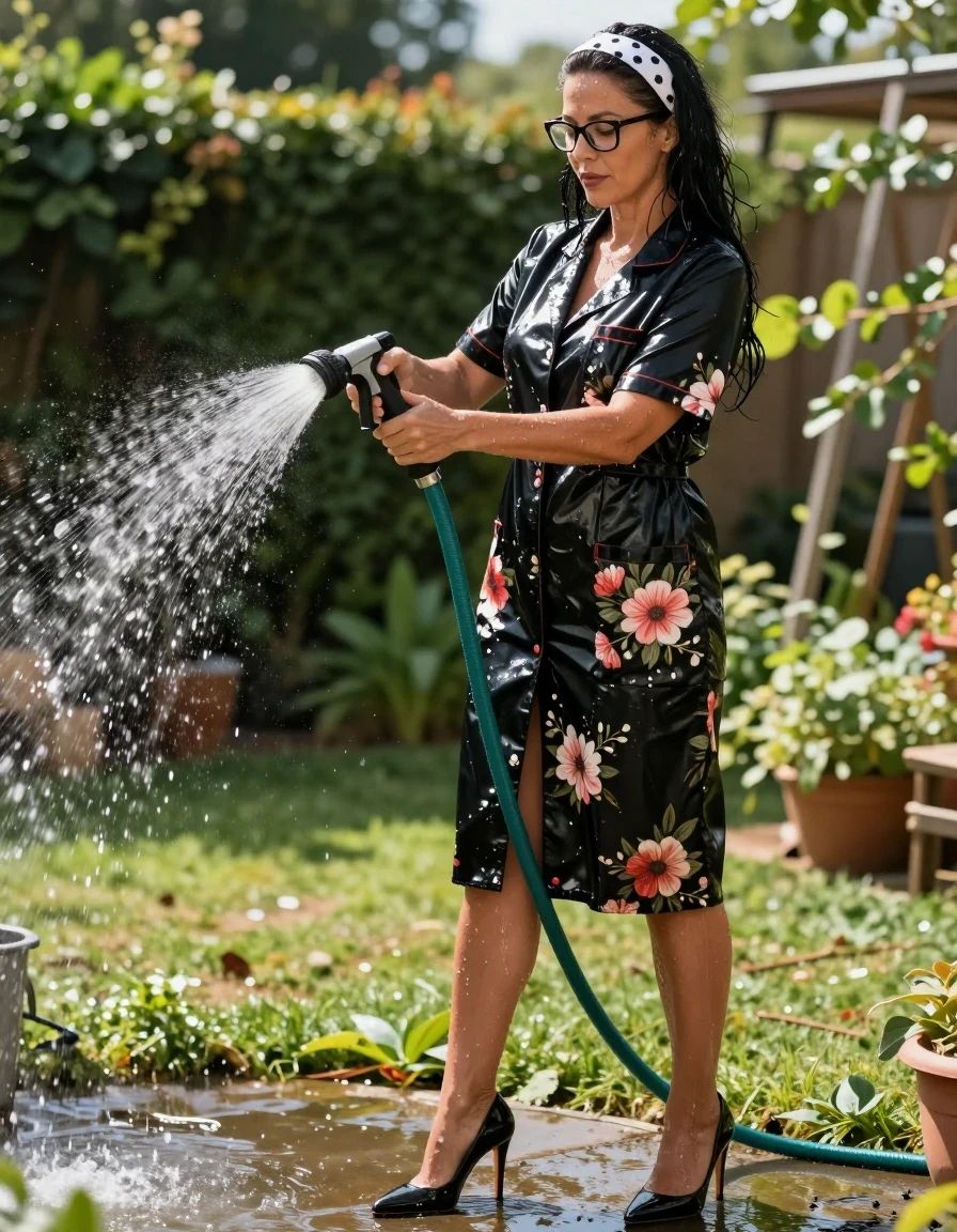 photo of young woman, in soaking wet, drenched clothes,
high-heeled shoes, Maxi shiny black floral labcoat with short sleeves, Maxi Shiny black floral labcoat with sport sleeves , pouring water with the hose on, in sunny garden, 
enjoying, wet clothes stuck to body,
detailed textures of the wet clothes, wet face, wet plastered hair,
wet, drenched, professional, high-quality details, full body view.
sharp focus, ultra-high pixel detail, realistic, high-quality, full colors, incredibly detailed, 4k, 8k, 16k, hyper-realistic, RAW photo, masterpiece, ultra-detailed, professionally color graded, professional photograph, european brunette skinny woman 50 years old, long dark black hair, white polka-dot headband, office glasses, very big and thick lips, complete body, wet skin, wet clothes, damp fabric, wet skin, wet clothes, damp fabric, wet skin, wet clothes, damp fabric, wet skin, wet clothes, damp fabric, wet skin, wet clothes, damp fabric, wet skin, wet clothes, damp fabric, wet skin, wet clothes, damp fabric, wet skin, wet clothes, damp fabric