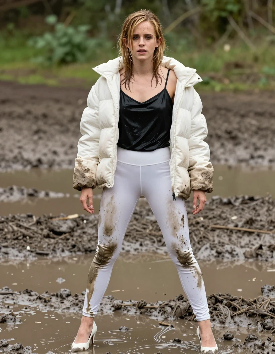 photo of young woman, in soaking wet, drenched clothes,
White suede heels , Muddy white leggings , Black satin camisole, muddy white puffer jacket , Standing in muddy puddle, legs apart, 
enjoying, wet clothes stuck to body,
detailed textures of the wet clothes, wet face, wet plastered hair,
wet, drenched, professional, high-quality details, full body view.
sharp focus, ultra-high pixel detail, realistic, high-quality, full colors, incredibly detailed, 4k, 8k, 16k, hyper-realistic, RAW photo, masterpiece, ultra-detailed, professionally color graded, professional photograph, Blonde, Emma Watson,, wet skin, wet clothes, damp fabric