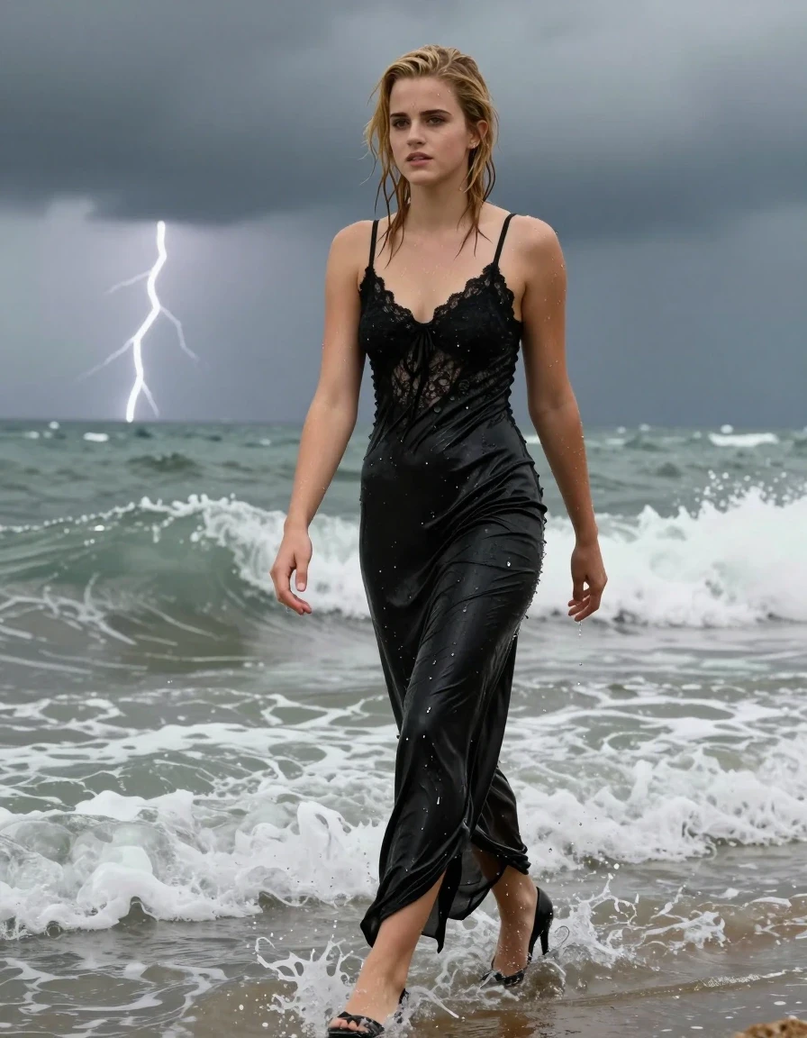 photo of young woman, in soaking wet, drenched clothes,
Black high heels , black gown , Black lace camisole, Wading in surf, thunderstorm , 
enjoying, wet clothes stuck to body,
detailed textures of the wet clothes, wet face, wet plastered hair,
wet, drenched, professional, high-quality details, full body view.
sharp focus, ultra-high pixel detail, realistic, high-quality, full colors, incredibly detailed, 4k, 8k, 16k, hyper-realistic, RAW photo, masterpiece, ultra-detailed, professionally color graded, professional photograph, Blonde, Emma Watson, wet skin, wet clothes, damp fabric