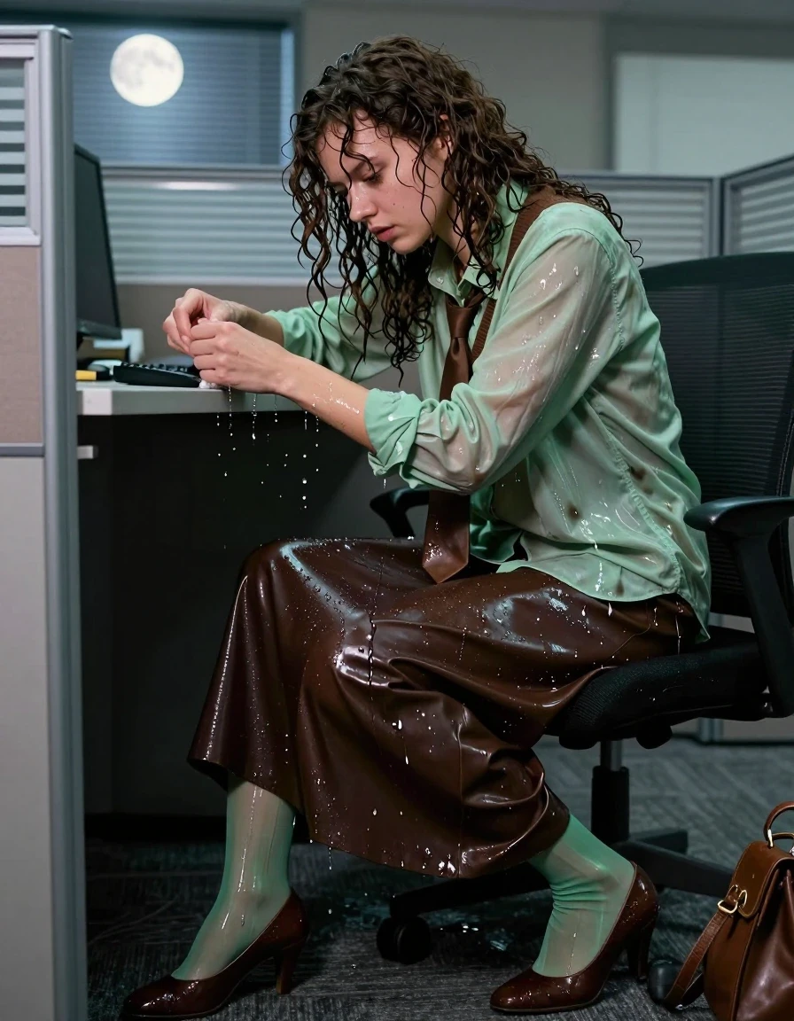 A photorealistic medium shot of a 19-year-old European intern with voluminous curly brunette hair, now damp and clinging to her forehead and neck. She is captured in a candid, vulnerable moment stripping under her office cubicle. She wears a soaking-wet, oversized light green long-sleeved shirt that clings to her skin, with dark patches where the fabric is saturated and heavy. Underneath, a brown cashmere vest and a brown necktie are partially unbuttoned and dripping. Her dark brown leather floor-length skirt is soaked with visible water sheen, deep, heavy folds, and glossy specular reflections on the wet leather surface. She wears light green stockings that are translucent and damp, and brown court shoes resting on the carpet. A brown handbag lies discarded on the floor nearby. The scene is set in a dimly lit, empty office at night, with cool moonlight filtering through window blinds creating sharp contrasts. The atmosphere is humid and wet, with visible water droplets and moisture sheen on her skin and clothing. Professional photography, sharp focus, 8k resolution, cinematic lighting, high contrast, realistic skin texture, intricate wet fabric details.