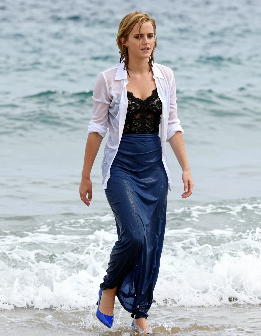 photo of young woman, in soaking wet, drenched clothes,
Blue high heels , blue gown , Black lace camisole, see-through white blazer, Standing In surf, 
enjoying, wet clothes stuck to body,
detailed textures of the wet clothes, wet face, wet plastered hair,
wet, drenched, professional, high-quality details, full body view.
sharp focus, ultra-high pixel detail, realistic, high-quality, full colors, incredibly detailed, 4k, 8k, 16k, hyper-realistic, RAW photo, masterpiece, ultra-detailed, professionally color graded, professional photograph, Blonde, Emma Watson, wet skin, wet clothes, damp fabric