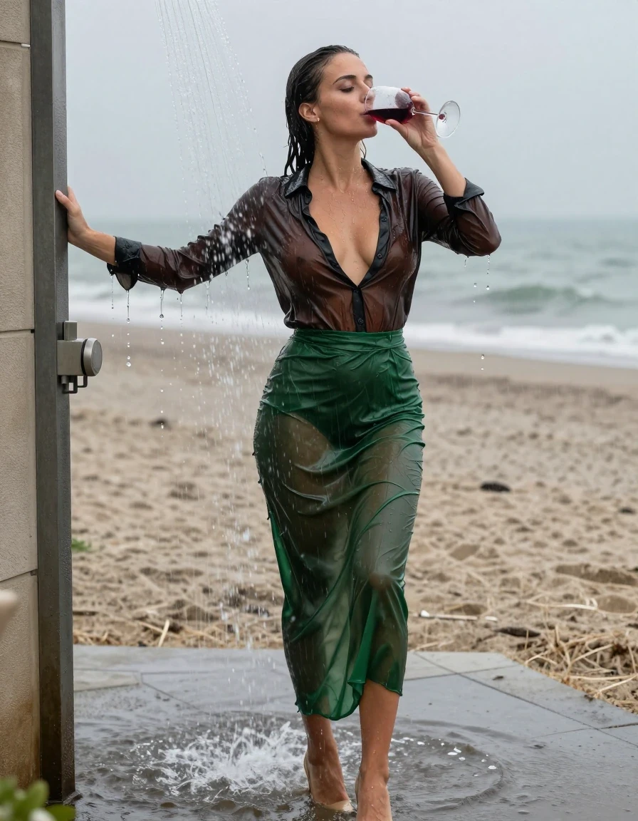photo of young woman, in soaking wet, drenched clothes,
high-heels, see-through green satin silk slim floor-length skirt, tranparent, dark brown silk blouse, no underwear, stand in the water of a shower at the beach, 
enjoying, wet clothes stuck to body,
detailed textures of the wet clothes, wet face, wet plastered hair,
wet, drenched, professional, high-quality details, full body view.
sharp focus, ultra-high pixel detail, realistic, high-quality, full colors, incredibly detailed, 4k, 8k, 16k, hyper-realistic, RAW photo, masterpiece, ultra-detailed, professionally color graded, professional photograph, heavy rain, completely soaked, drenched, dripping wet, visible breasts, drinking a glass of red wine, wet skin, wet clothes, damp fabric, wet skin, wet clothes, damp fabric