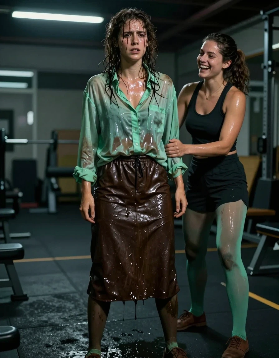 A hyper-realistic cinematic shot of a young adult European woman with curly brunette hair, visibly sweaty, dirty, and physically exhausted, training in an empty gym at night. Her skin is glistening with thick, slick sweat, and her hair is damp and matted. She is wearing an oversized light green long-sleeved buttoned-down shirt that is drenched in sweat, clinging to her skin, with dark, translucent patches where the fabric is saturated. Underneath, she wears a floor-length dark brown leather skirt that is slick and coated in a wet sheen, paired with light green stockings that are darkened and clinging to her legs from moisture. She wears brown court shoes. She stands looking visibly embarrassed and weak, while her dom lesbian trainer lover stands nearby, laughing at her exertion. The gym is dimly lit with harsh, moody overhead fluorescent lighting casting deep shadows and creating high-contrast specular reflections on the wet surfaces of her skin, hair, and clothing. Photorealistic 8k, highly detailed textures, captured on 35mm lens, sharp focus on the expressions and wet fabric textures, depth of field.