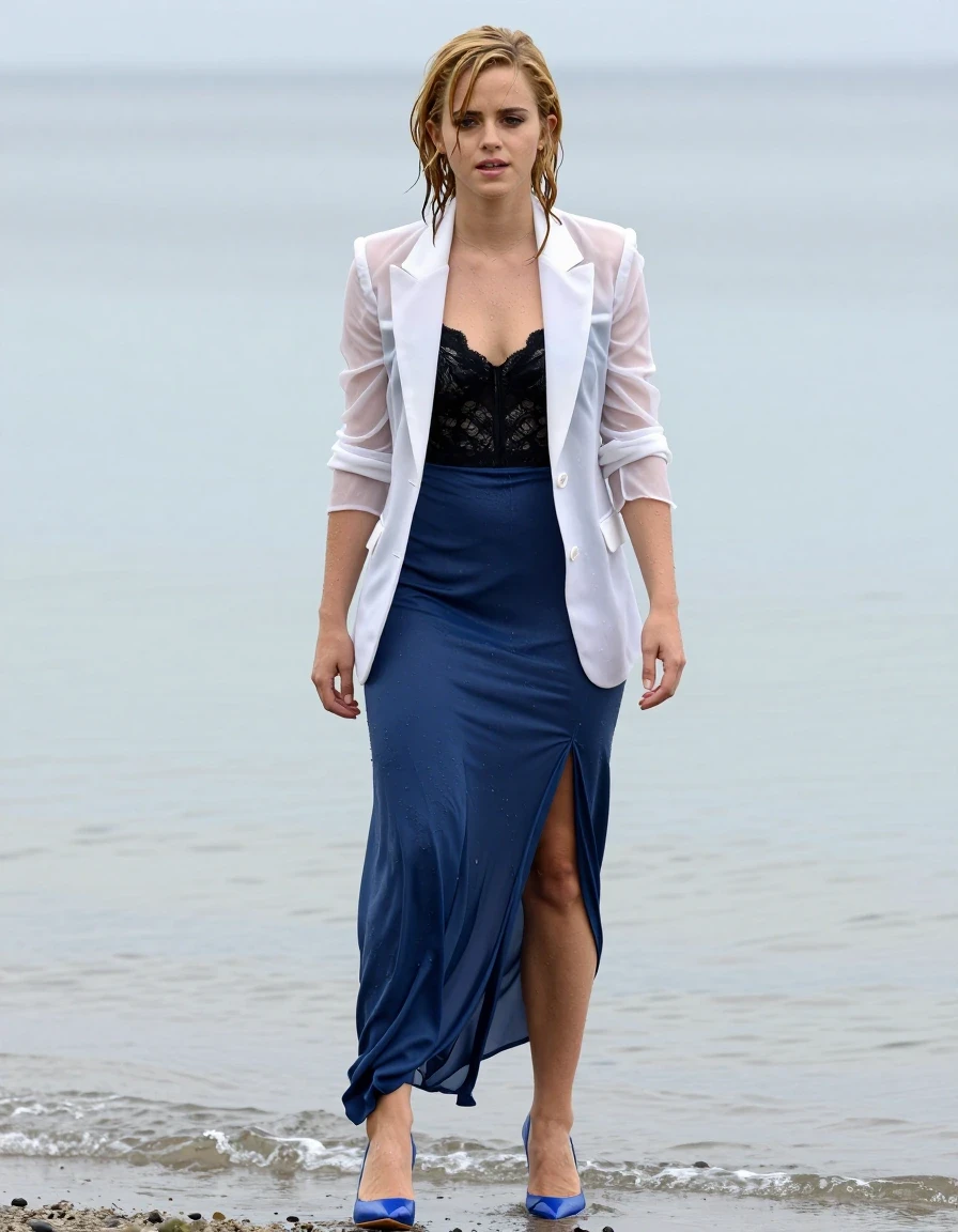 photo of young woman, in soaking wet, drenched clothes,
Blue high heels , blue gown , Black lace camisole, see-through white blazer, Standing by the sea, 
enjoying, wet clothes stuck to body,
detailed textures of the wet clothes, wet face, wet plastered hair,
wet, drenched, professional, high-quality details, full body view.
sharp focus, ultra-high pixel detail, realistic, high-quality, full colors, incredibly detailed, 4k, 8k, 16k, hyper-realistic, RAW photo, masterpiece, ultra-detailed, professionally color graded, professional photograph, Blonde, Emma Watson, wet skin, wet clothes, damp fabric
