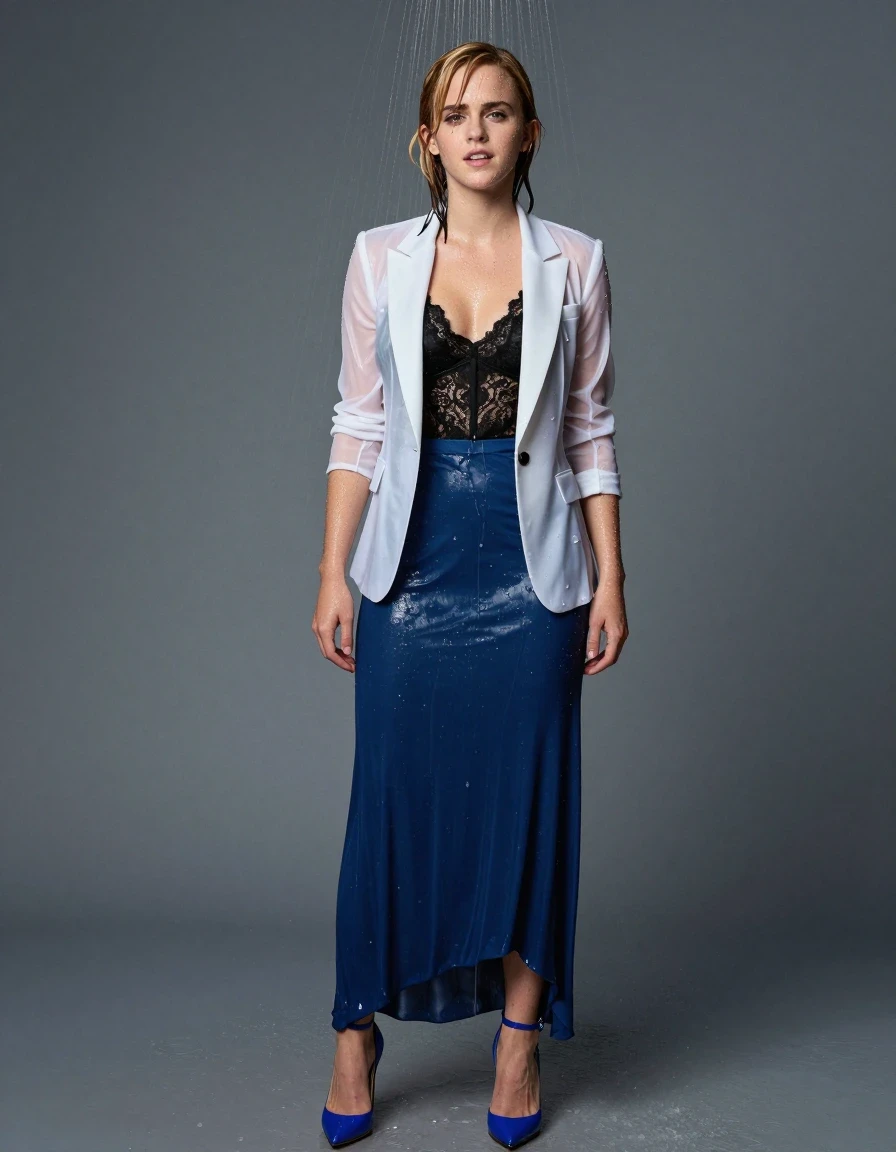 photo of young woman, in soaking wet, drenched clothes,
Blue high heels , blue gown , Black lace camisole, see-through white blazer, Standing In shower, 
enjoying, wet clothes stuck to body,
detailed textures of the wet clothes, wet face, wet plastered hair,
wet, drenched, professional, high-quality details, full body view.
sharp focus, ultra-high pixel detail, realistic, high-quality, full colors, incredibly detailed, 4k, 8k, 16k, hyper-realistic, RAW photo, masterpiece, ultra-detailed, professionally color graded, professional photograph, Blonde, Emma Watson, wet skin, wet clothes, damp fabric