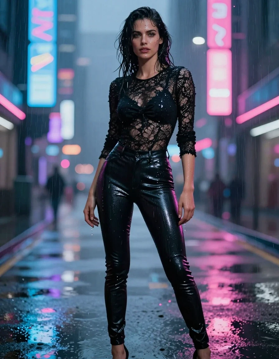 A photorealistic medium shot of Adelaide Kane, featuring her distinct facial features and dark hair, standing in a rain-slicked, neon-drenched cyberpunk cityscape. She is wearing a delicate, form-fitting black lace top that is wet and clinging to her skin, with intricate floral patterns highlighted by shimmering water sheen. Below, she wears tight, high-gloss polyester pants that are visibly soaked, creating deep, dark saturated tones, heavy wet folds, and pronounced specular reflections that emphasize the material's texture. She is wearing high-heeled shoes. The environment is filled with glowing holographic signs, metallic textures, and reflections on wet pavement. The lighting is cinematic, with cool blue and vibrant pink neon highlights catching the moisture on her skin, hair, and clothing. The image is captured with a sharp 85mm lens, focusing on realistic textures, high-fidelity skin pores, and precise fabric tension. The scene is completely dry of dripping water, maintaining a clean, realistic wet-look aesthetic without any liquid droplets falling or splashing.