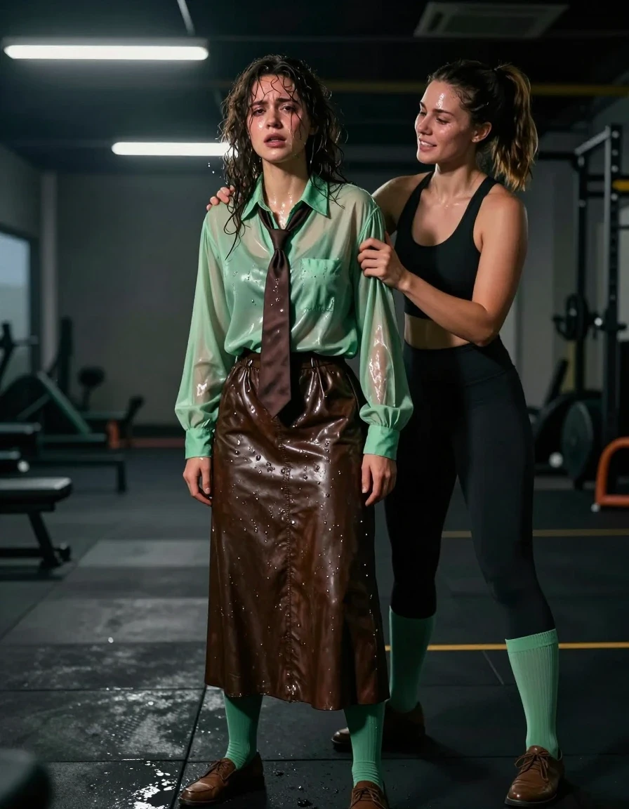 A photorealistic, high-detail wide shot of a sweaty, embarrassed young adult European woman with curly brunette hair, training in an empty, dimly lit gym at night. She is visibly exhausted, her skin glowing with a heavy sheen of sweat, wearing an oversized light green long-sleeved buttoned-down shirt and a dark brown leather floor-length skirt, both soaked through with perspiration, causing the fabrics to cling to her body and darken in color with heavy, saturated folds. She wears light green stockings and brown court shoes, with a brown necktie loosened around her collar. Standing over her is her dom lesbian trainer, who is belittling her for her weakness. The gym environment is stark, with harsh overhead fluorescent lighting casting long shadows and creating intense specular highlights on the wet skin and damp clothing. 8k resolution, cinematic lighting, hyper-realistic textures, moisture-heavy atmosphere, sharp focus on the expressions of humiliation and dominance.