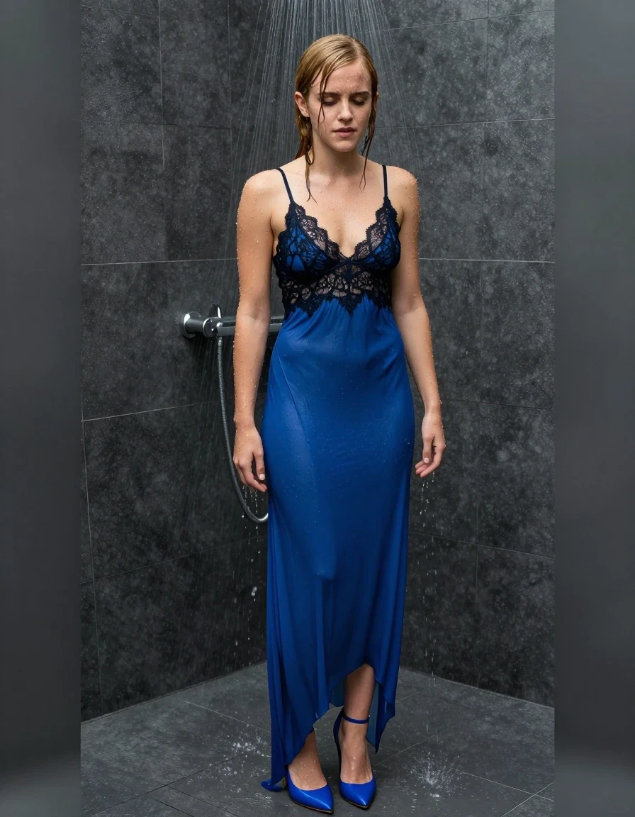 photo of young woman, in soaking wet, drenched clothes,
Blue high heels , blue gown , Black lace camisole, Standing In shower, 
enjoying, wet clothes stuck to body,
detailed textures of the wet clothes, wet face, wet plastered hair,
wet, drenched, professional, high-quality details, full body view.
sharp focus, ultra-high pixel detail, realistic, high-quality, full colors, incredibly detailed, 4k, 8k, 16k, hyper-realistic, RAW photo, masterpiece, ultra-detailed, professionally color graded, professional photograph, Blonde, Emma Watson, wet skin, wet clothes, damp fabric