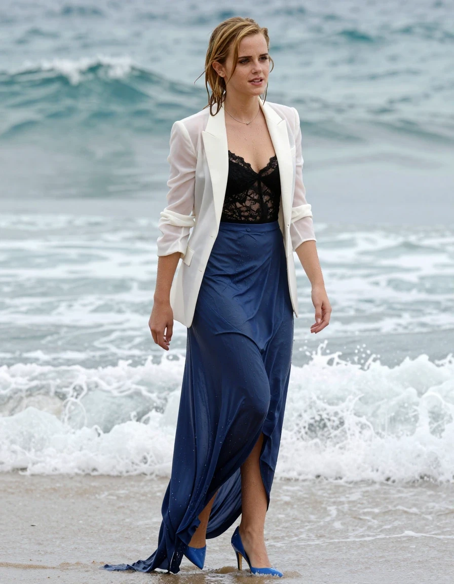 photo of young woman, in soaking wet, drenched clothes,
Blue high heels , blue gown , Black lace camisole, see-through white blazer, Standing by the surf, 
enjoying, wet clothes stuck to body,
detailed textures of the wet clothes, wet face, wet plastered hair,
wet, drenched, professional, high-quality details, full body view.
sharp focus, ultra-high pixel detail, realistic, high-quality, full colors, incredibly detailed, 4k, 8k, 16k, hyper-realistic, RAW photo, masterpiece, ultra-detailed, professionally color graded, professional photograph, Blonde, Emma Watson, wet skin, wet clothes, damp fabric