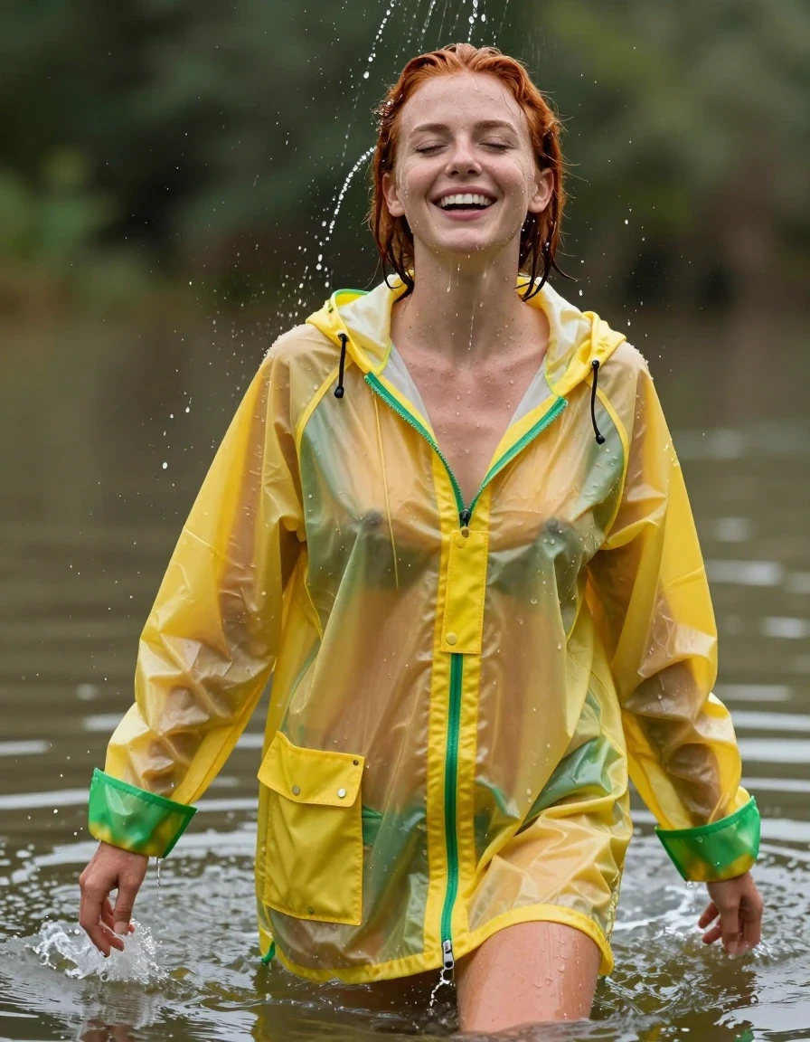 photo of young woman, in soaking wet, drenched clothes,
No socks , No underwear ,  Yellow and green see  through Oversized ultra light weight latex rainjacket zipped up and closed. , soaking wet  emerging from beneath the water in the flooded bed.  Water is pouring down all over her hair, 
enjoying, wet clothes stuck to body,
detailed textures of the wet clothes, wet face, wet plastered hair,
wet, drenched, professional, high-quality details, full body view.
sharp focus, ultra-high pixel detail, realistic, high-quality, full colors, incredibly detailed, 4k, 8k, 16k, hyper-realistic, RAW photo, masterpiece, ultra-detailed, professionally color graded, professional photograph, She is 19 years old . Her short red hair is soaking wet and slicked back. Her hair slicked back.  Her clothes are soaking wet and cling to her completely nude form. She's very aroused and happy, wet skin, wet clothes, damp fabric, wet skin, wet clothes, damp fabric