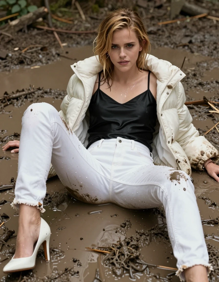 photo of young woman, in soaking wet, drenched clothes,
White high heels, Muddy white jeans , Black satin camisole, muddy white puffer jacket , Lying in muddy puddle, legs apart, 
enjoying, wet clothes stuck to body,
detailed textures of the wet clothes, wet face, wet plastered hair,
wet, drenched, professional, high-quality details, full body view.
sharp focus, ultra-high pixel detail, realistic, high-quality, full colors, incredibly detailed, 4k, 8k, 16k, hyper-realistic, RAW photo, masterpiece, ultra-detailed, professionally color graded, professional photograph, Blonde, Emma Watson,, wet skin, wet clothes, damp fabric