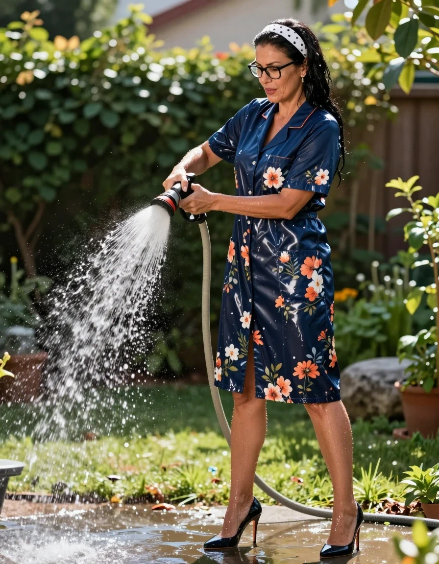 photo of young woman, in soaking wet, drenched clothes,
high-heeled shoes, Maxi shiny dark blue floral labcoat with short sleeves, Maxi Shindark blue  floral labcoat with sport sleeves , pouring water with the hose on, in sunny garden, 
enjoying, wet clothes stuck to body,
detailed textures of the wet clothes, wet face, wet plastered hair,
wet, drenched, professional, high-quality details, full body view.
sharp focus, ultra-high pixel detail, realistic, high-quality, full colors, incredibly detailed, 4k, 8k, 16k, hyper-realistic, RAW photo, masterpiece, ultra-detailed, professionally color graded, professional photograph, european brunette skinny woman 50 years old, long dark black hair, white polka-dot headband, office glasses, very big and thick lips, complete body, wet skin, wet clothes, damp fabric, wet skin, wet clothes, damp fabric, wet skin, wet clothes, damp fabric, wet skin, wet clothes, damp fabric, wet skin, wet clothes, damp fabric, wet skin, wet clothes, damp fabric, wet skin, wet clothes, damp fabric, wet skin, wet clothes, damp fabric