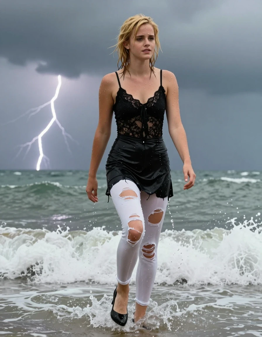 photo of young woman, in soaking wet, drenched clothes,
Black high heels , Torn white leggings , black miniskirt , Black lace camisole, Wading in surf, thunderstorm , 
enjoying, wet clothes stuck to body,
detailed textures of the wet clothes, wet face, wet plastered hair,
wet, drenched, professional, high-quality details, full body view.
sharp focus, ultra-high pixel detail, realistic, high-quality, full colors, incredibly detailed, 4k, 8k, 16k, hyper-realistic, RAW photo, masterpiece, ultra-detailed, professionally color graded, professional photograph, Blonde, Emma Watson, wet skin, wet clothes, damp fabric
