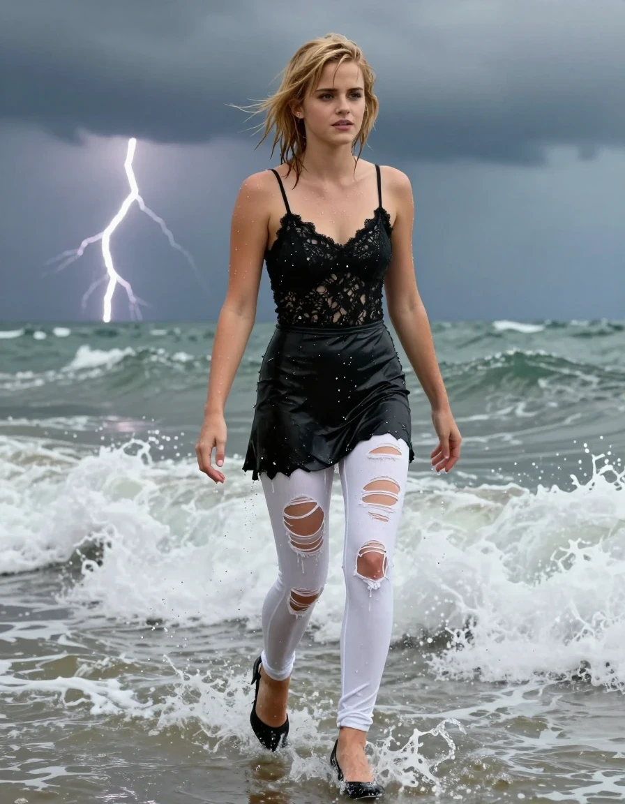 photo of young woman, in soaking wet, drenched clothes,
Black high heels , Torn white leggings , black miniskirt , Black lace camisole, Wading in surf, thunderstorm , 
enjoying, wet clothes stuck to body,
detailed textures of the wet clothes, wet face, wet plastered hair,
wet, drenched, professional, high-quality details, full body view.
sharp focus, ultra-high pixel detail, realistic, high-quality, full colors, incredibly detailed, 4k, 8k, 16k, hyper-realistic, RAW photo, masterpiece, ultra-detailed, professionally color graded, professional photograph, Blonde, Emma Watson, wet skin, wet clothes, damp fabric