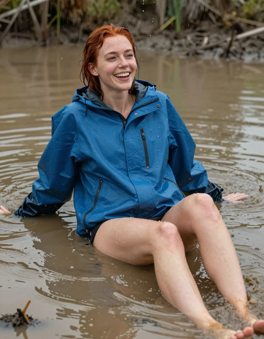 photo of young woman, in soaking wet, drenched clothes,
No socks , No underwear ,  Oversized ultra light weight blue kayak splash jacket zipped up and closed. , soaking wet  lying down in the flooded muddy bog.  Water is pouring down all over her hair, 
enjoying, wet clothes stuck to body,
detailed textures of the wet clothes, wet face, wet plastered hair,
wet, drenched, professional, high-quality details, full body view.
sharp focus, ultra-high pixel detail, realistic, high-quality, full colors, incredibly detailed, 4k, 8k, 16k, hyper-realistic, RAW photo, masterpiece, ultra-detailed, professionally color graded, professional photograph, She is 19 years old . Her short red hair is soaking wet and slicked back. Her hair slicked back.  Her clothes are soaking wet and cling to her completely nude form. She's very aroused and happy, wet skin, wet clothes, damp fabric, wet skin, wet clothes, damp fabric