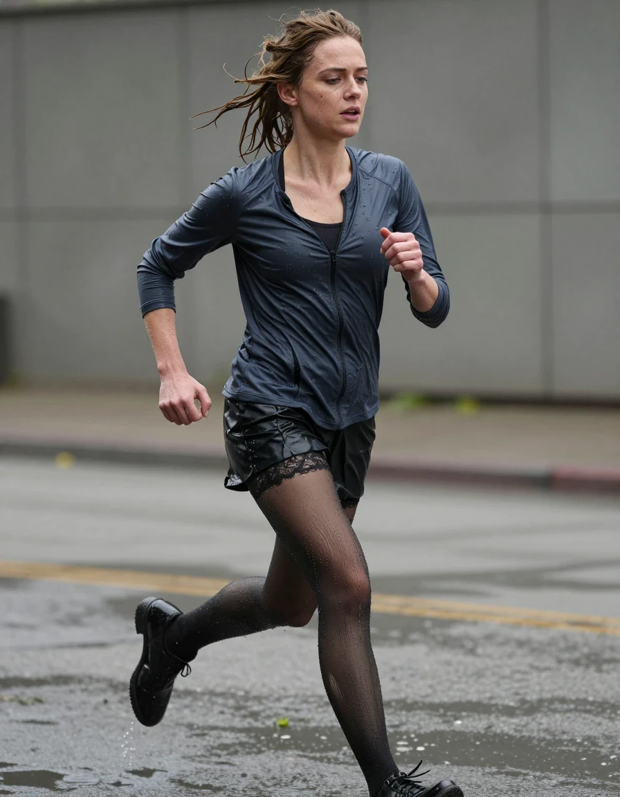 photo of young woman, in soaking wet, drenched clothes,
heels, Tights, Lace , Cyberpunk, 
enjoying, wet clothes stuck to body,
detailed textures of the wet clothes, wet face, wet plastered hair,
wet, drenched, professional, high-quality details, full body view.
sharp focus, ultra-high pixel detail, realistic, high-quality, full colors, incredibly detailed, 4k, 8k, 16k, hyper-realistic, RAW photo, masterpiece, ultra-detailed, professionally color graded, professional photograph, Meredith from Grey's anatomy. Running, wet skin, wet clothes, damp fabric